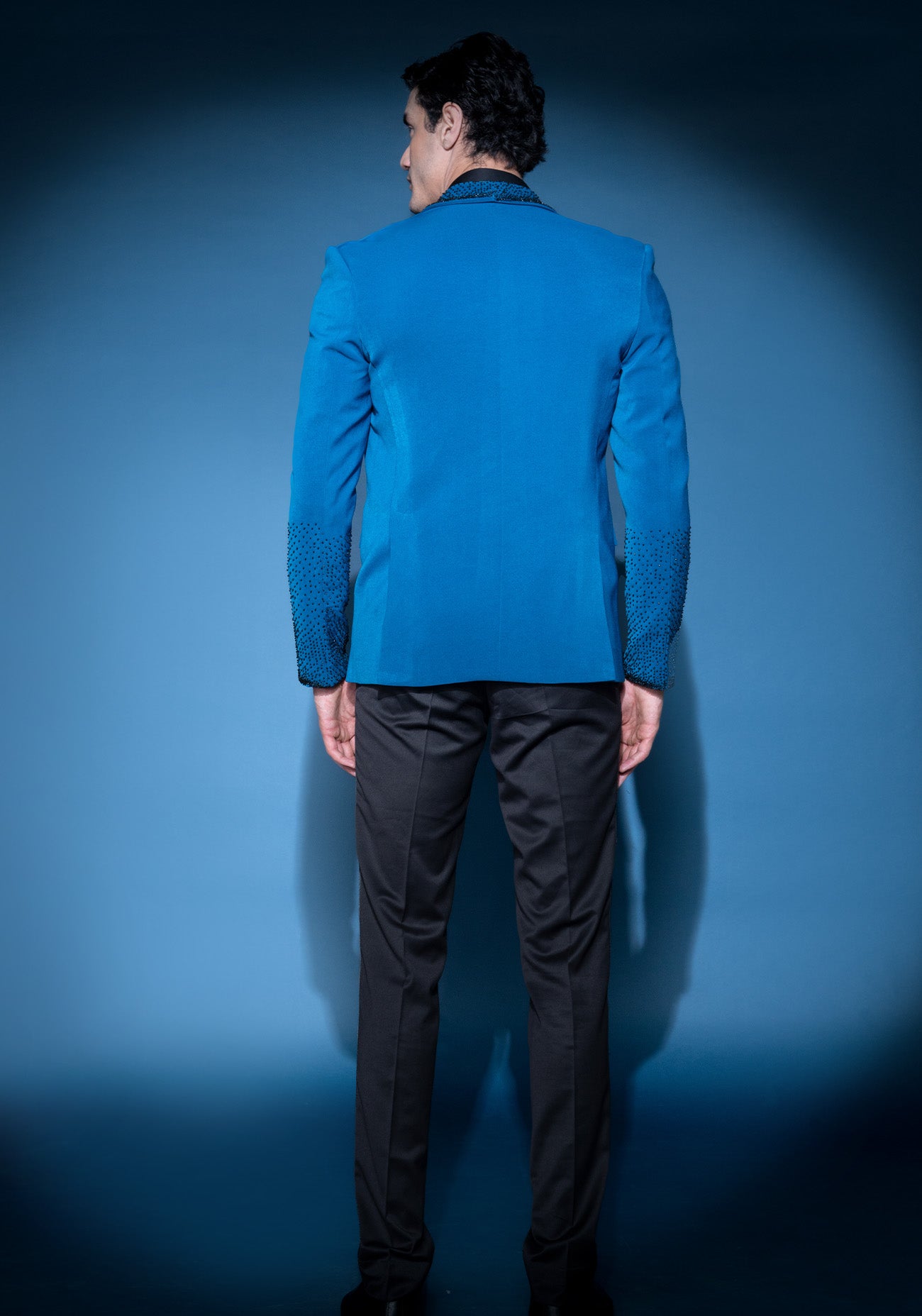 Cobalt blue sequin embroidered tuxedo