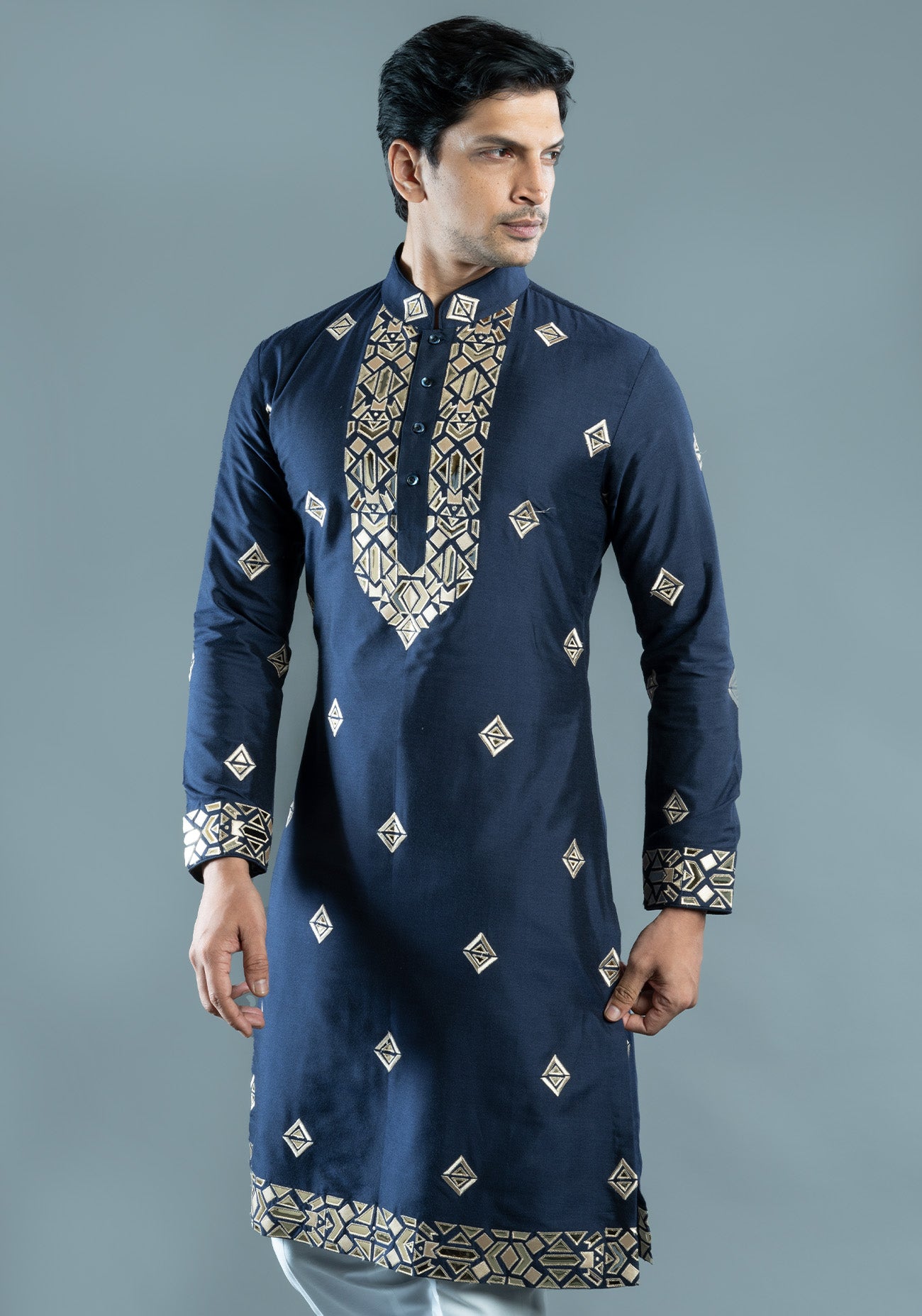 Navy Blue Foil Embroidered Kurta Set