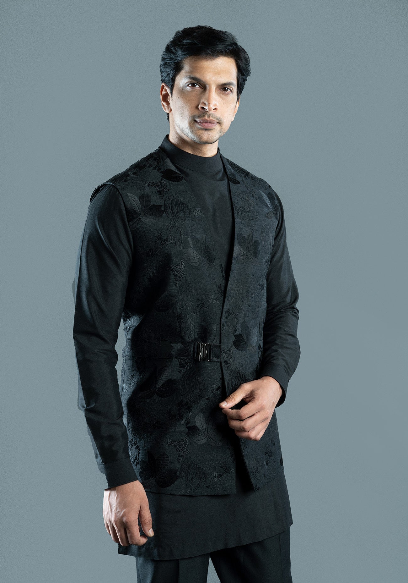 Black Floral Embroidered Nehru Jacket
