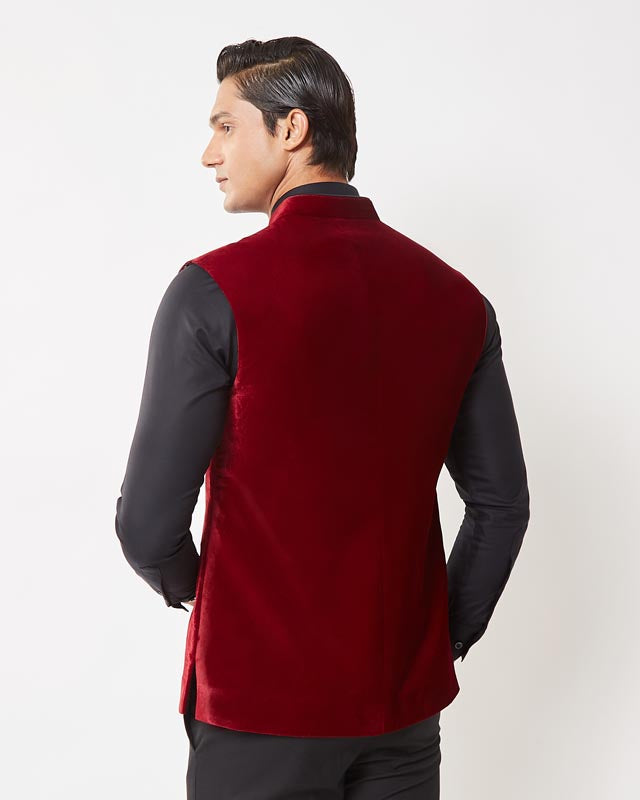 Maroon Pocket Embroidered Nehru Jacket