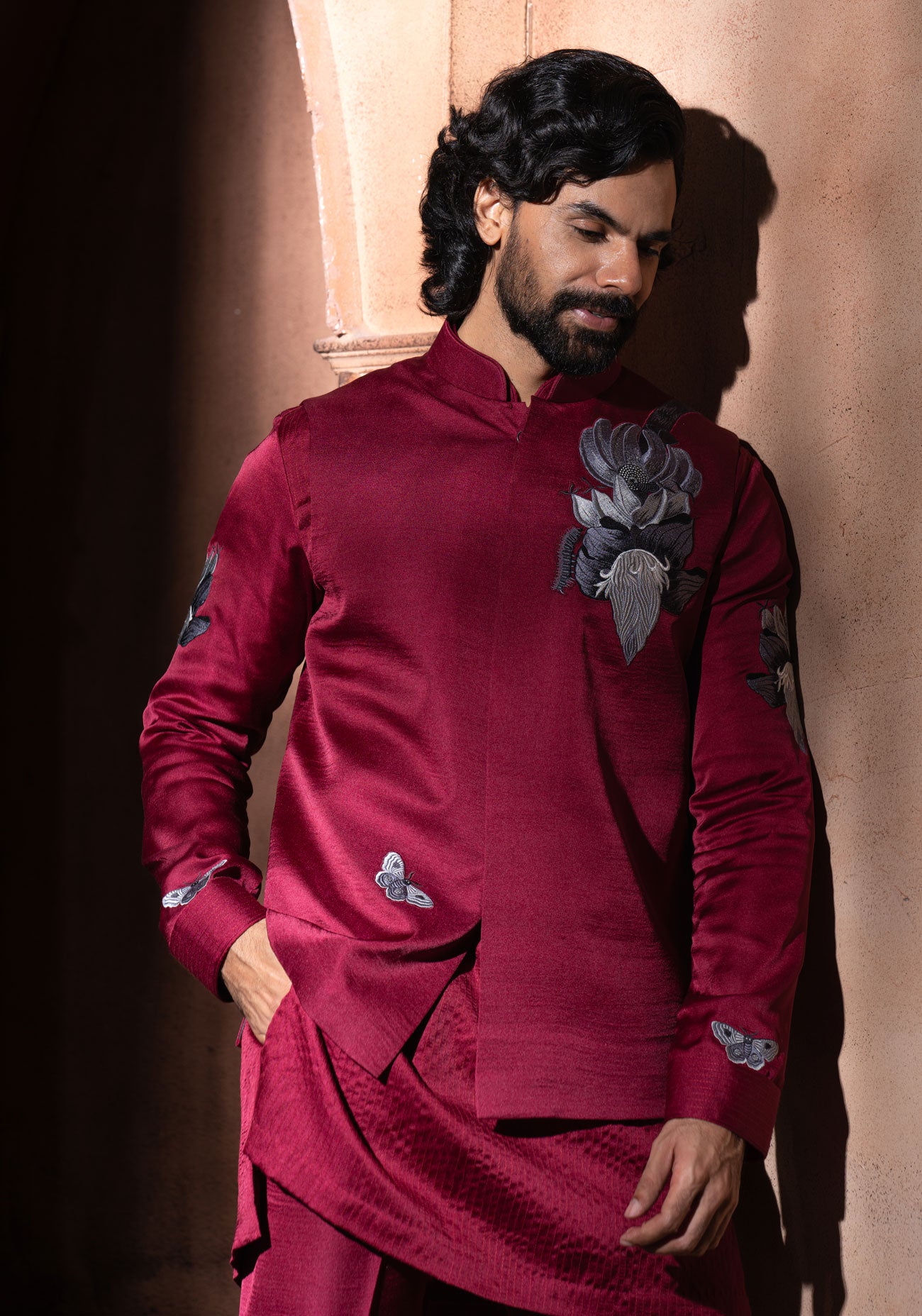 Maroon Embroidered Nehru Jacket Set