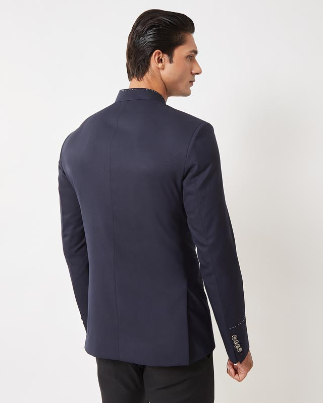 Navy Floral Pocket Embroidered Bandhgala