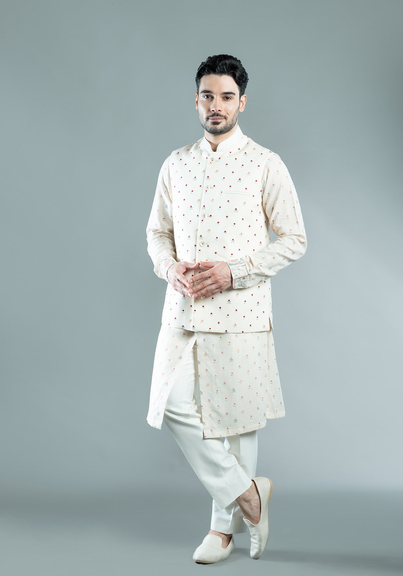 Cream Floral Printed Nehru Jacket Set