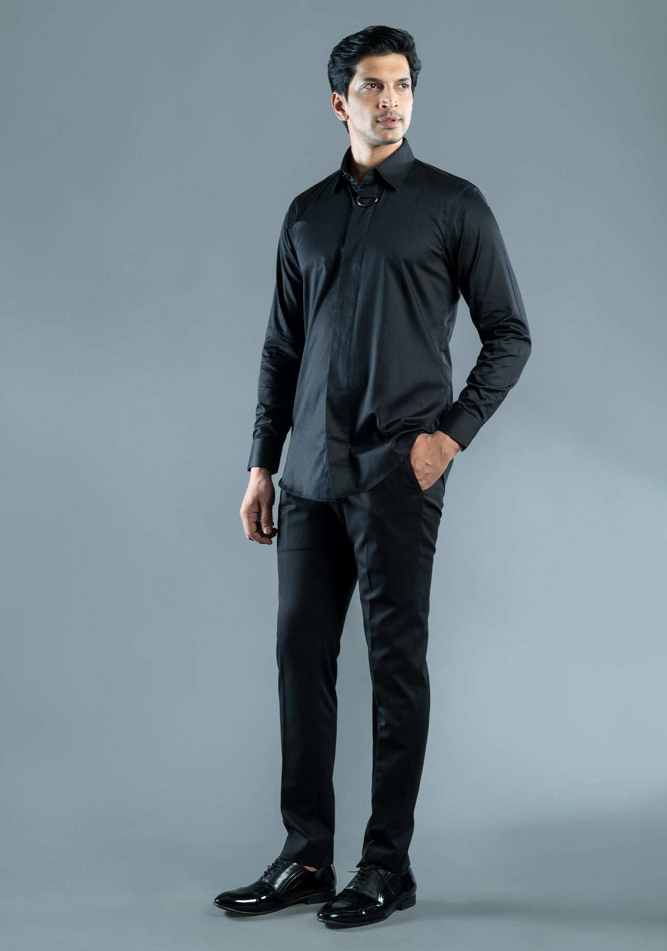 Black cotton shirt with buckle detailing