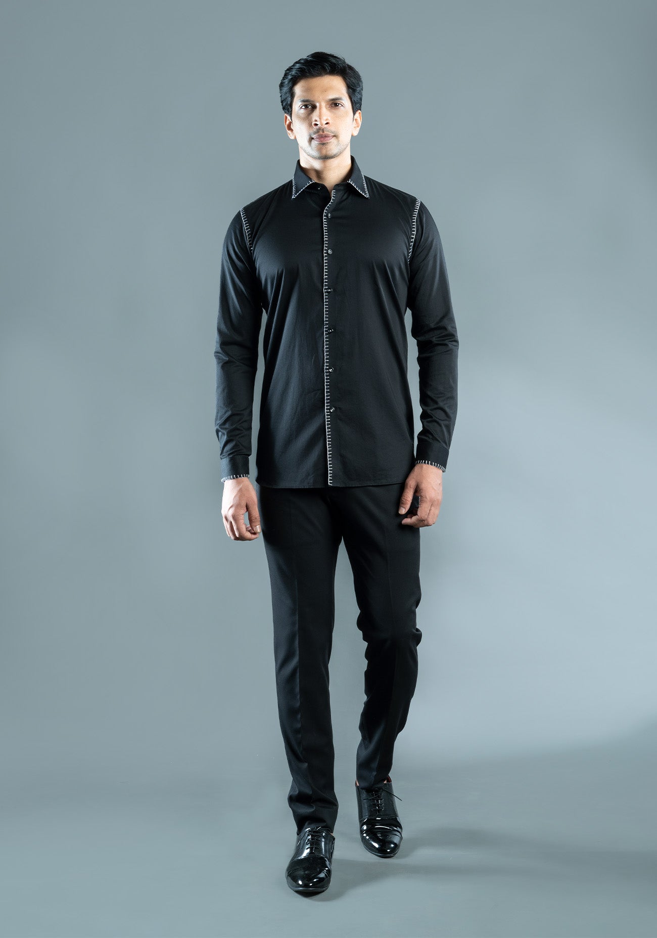 Black Blanket Stitch Cotton Shirt