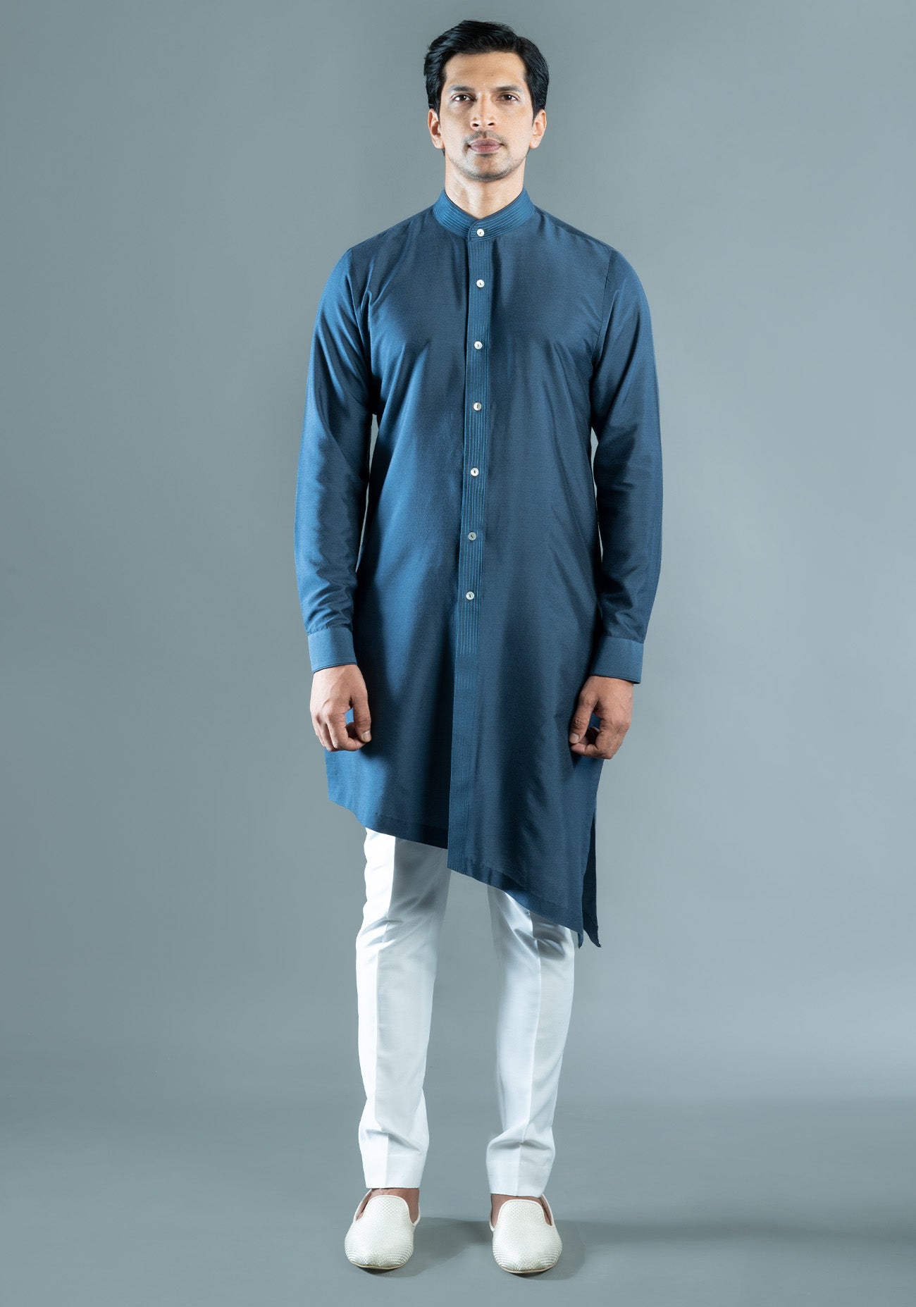 Navy Blue Asymmetric Embroidered Kurta