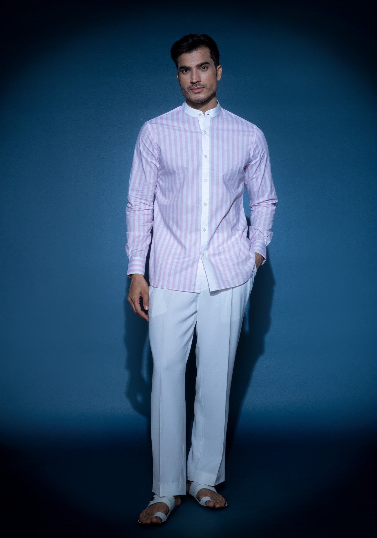 Pink & white striped mandarin collar shirt