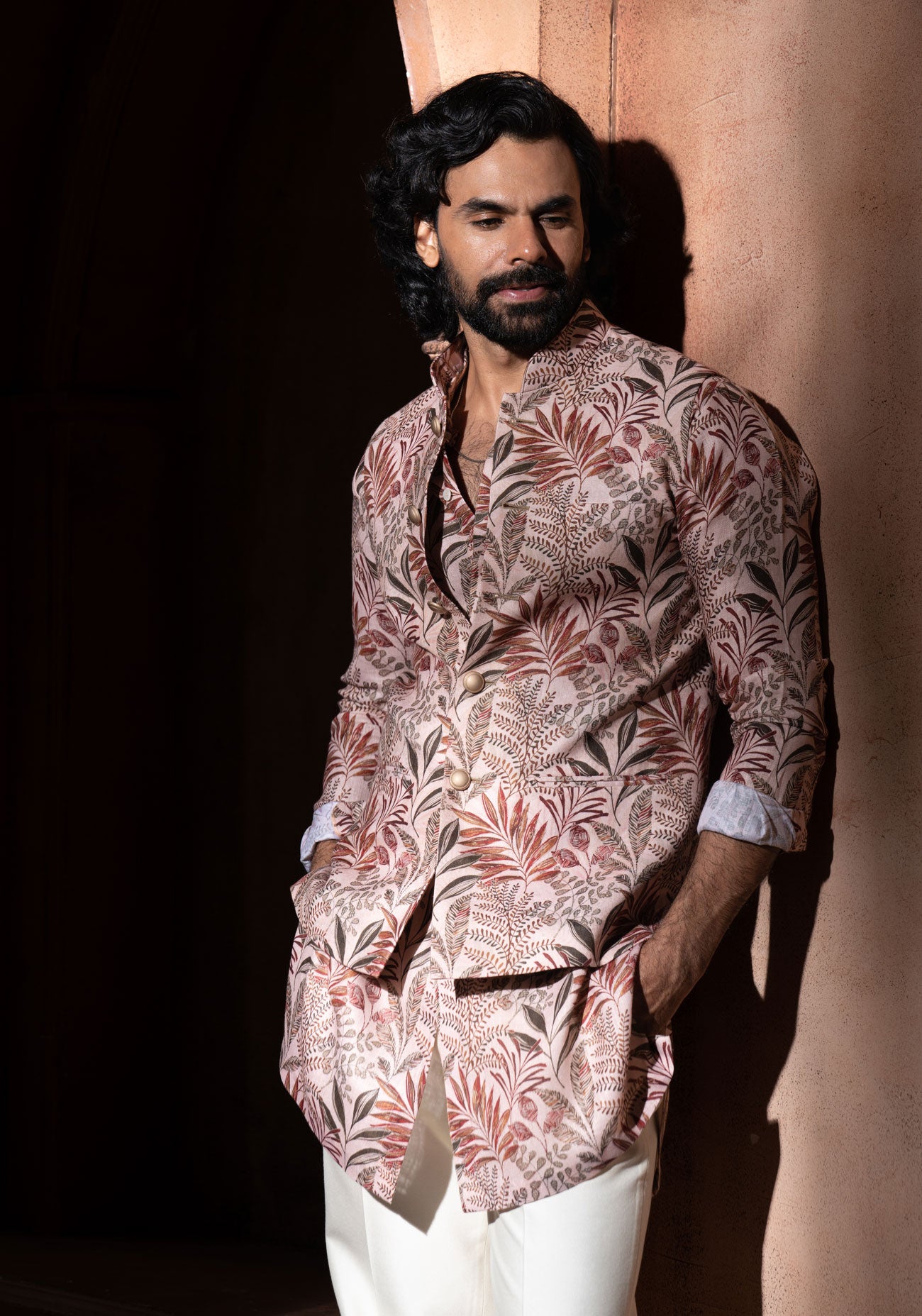 Beige Floral Print Nehru Jacket Set
