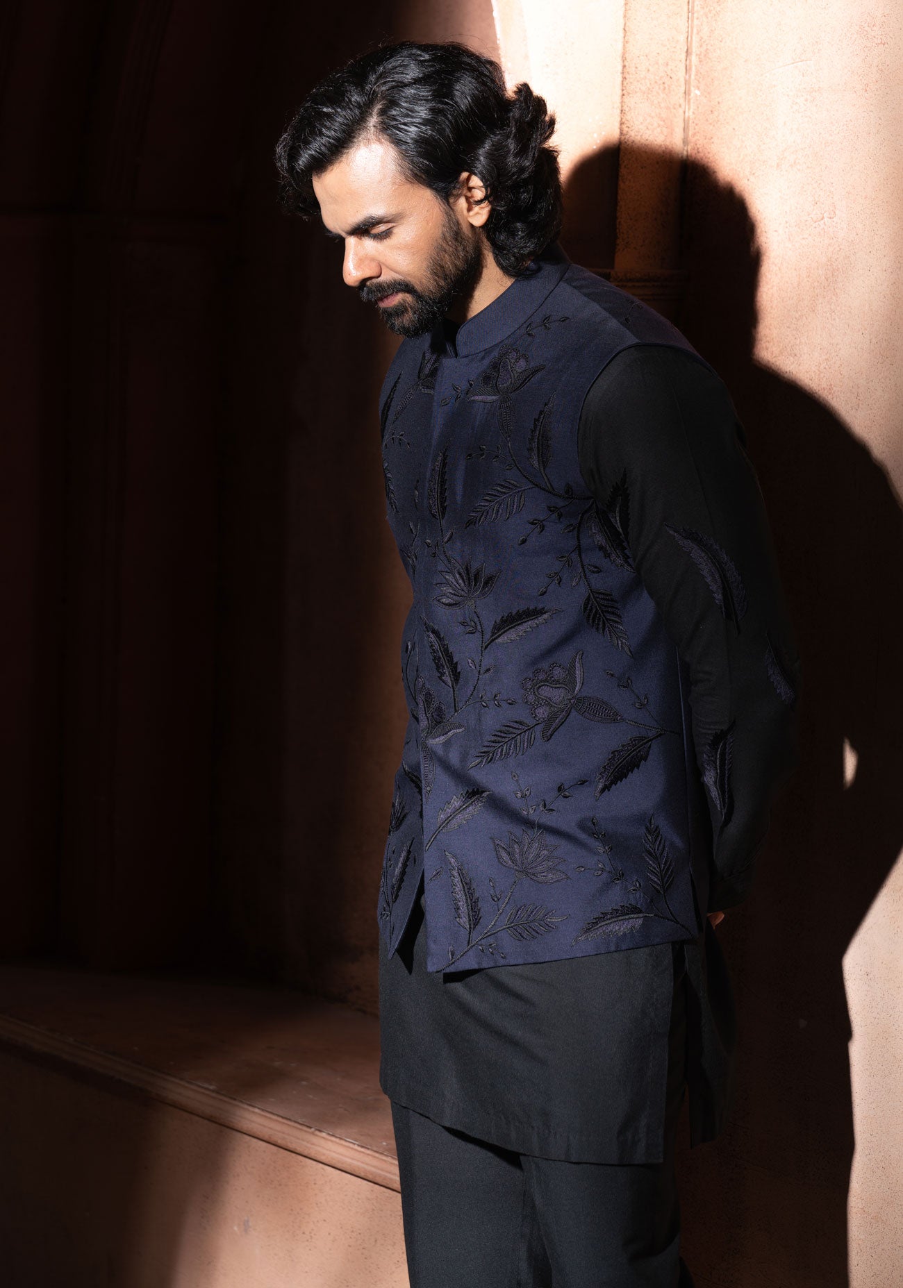 Navy Blue Black Leaf Embroidered Nehru Jacket & Kurta