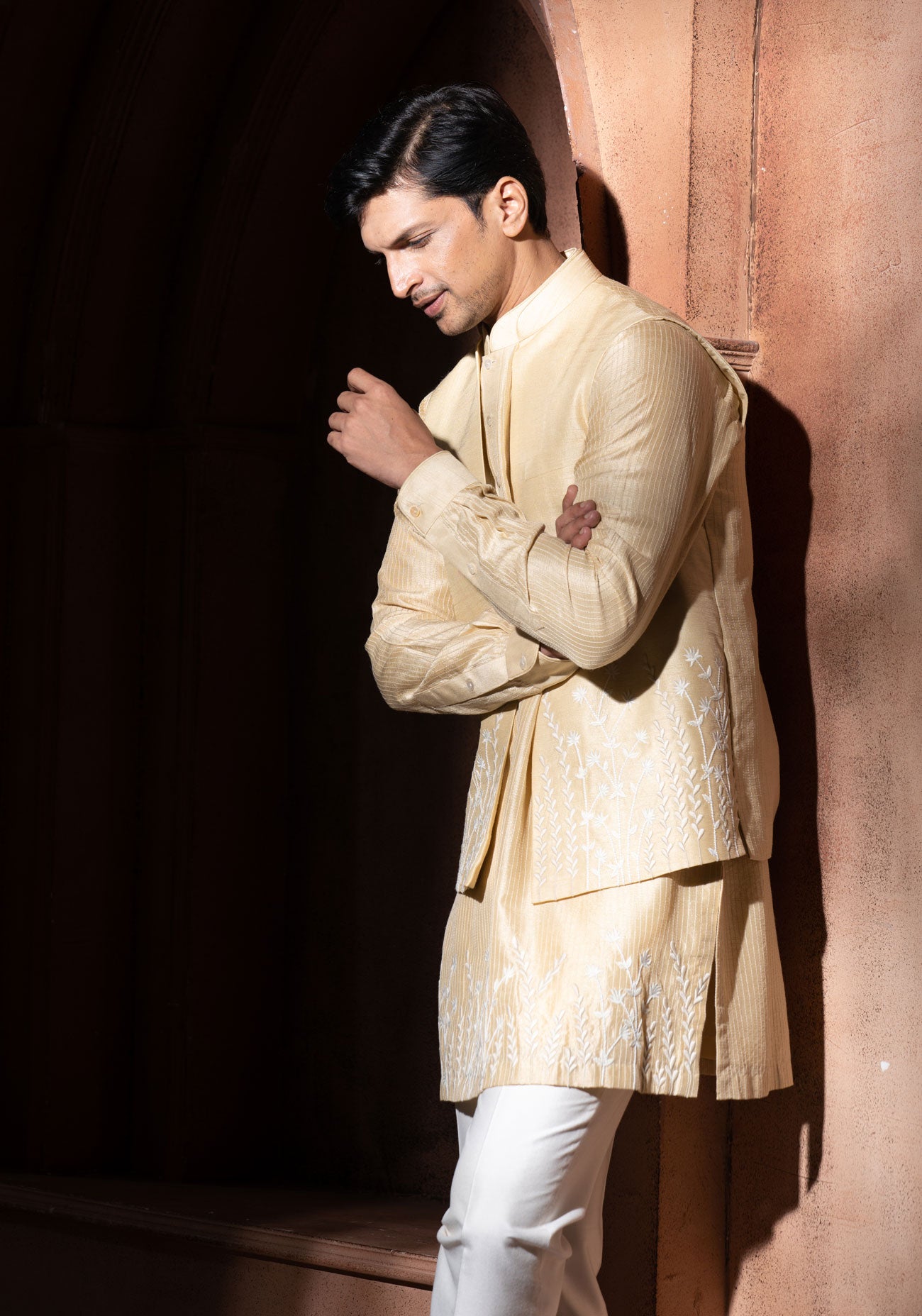 Beige Silk Embroidered Nehru Jacket Set