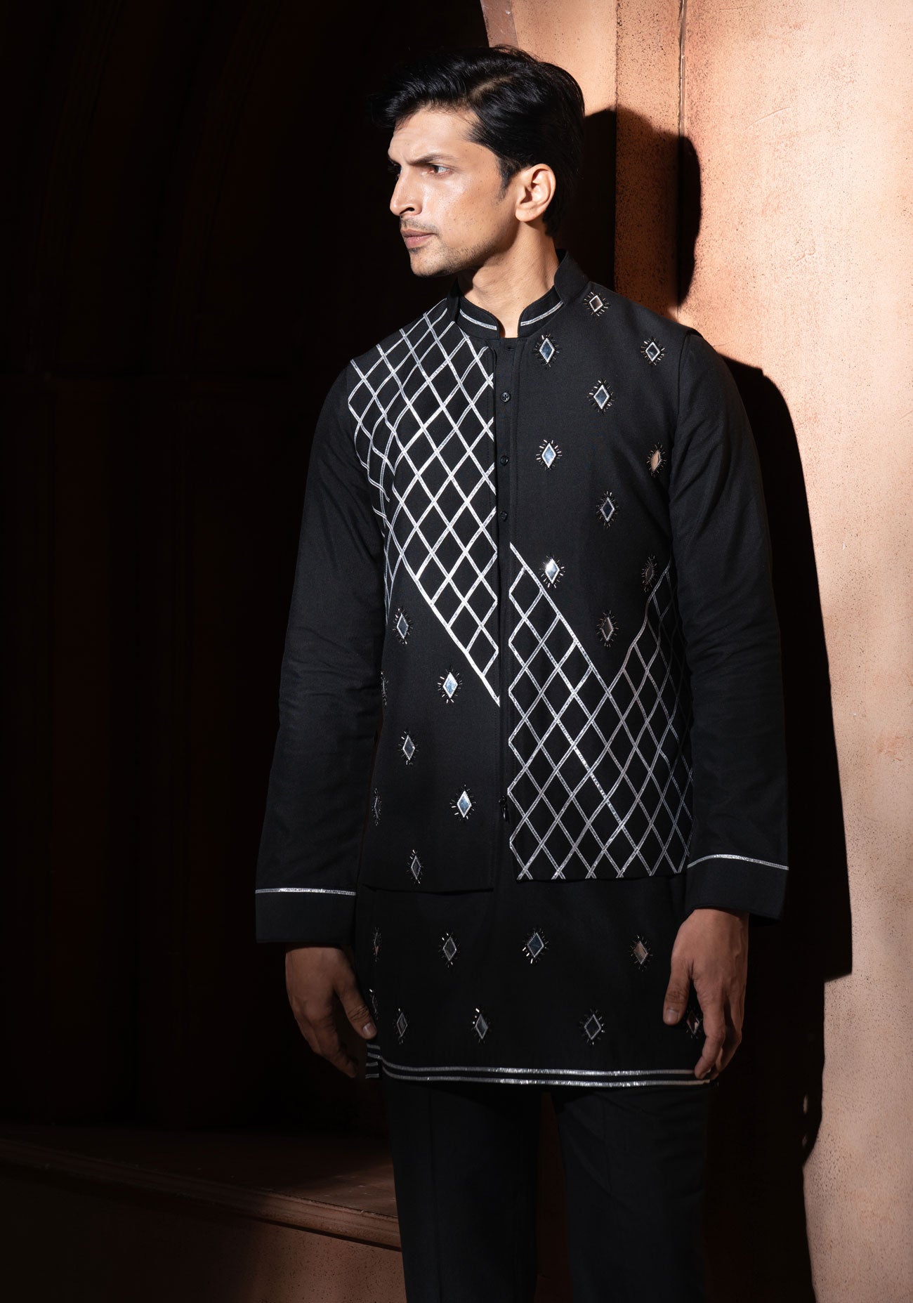 Black Foil Work Nehru Jacket Set