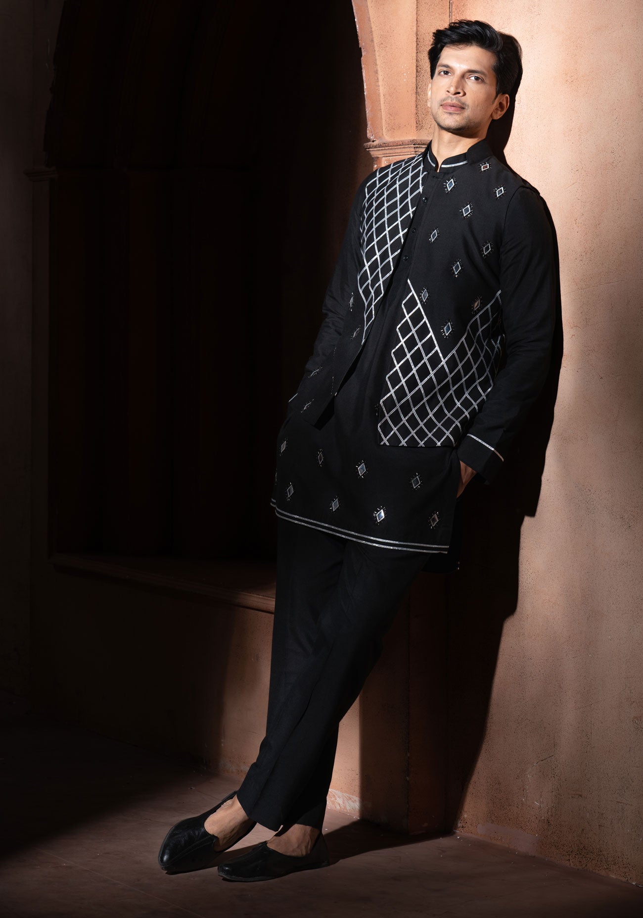 Black Foil Work Nehru Jacket Set