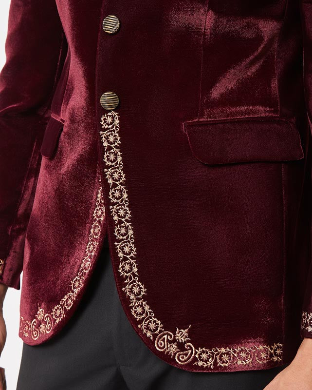 Maroon Velvet Gold Zari Embroidered Bandhgala