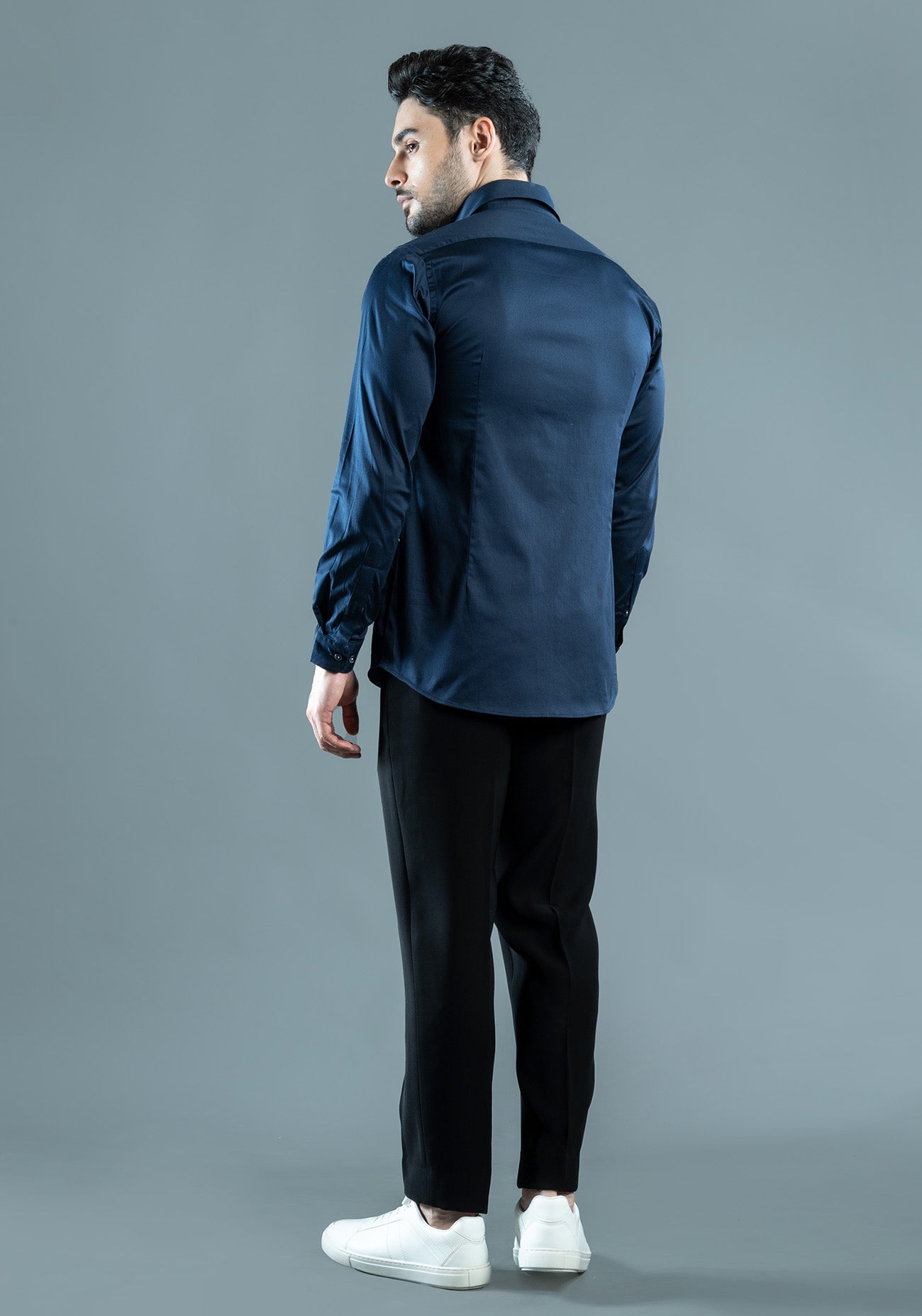 Navy Blue Cotton Criss Cross Embroidered Shirt