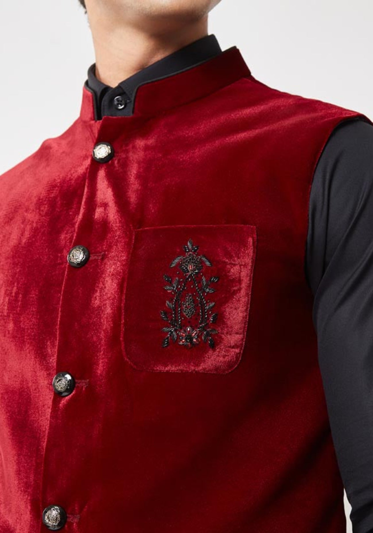 Maroon Pocket Embroidered Nehru Jacket