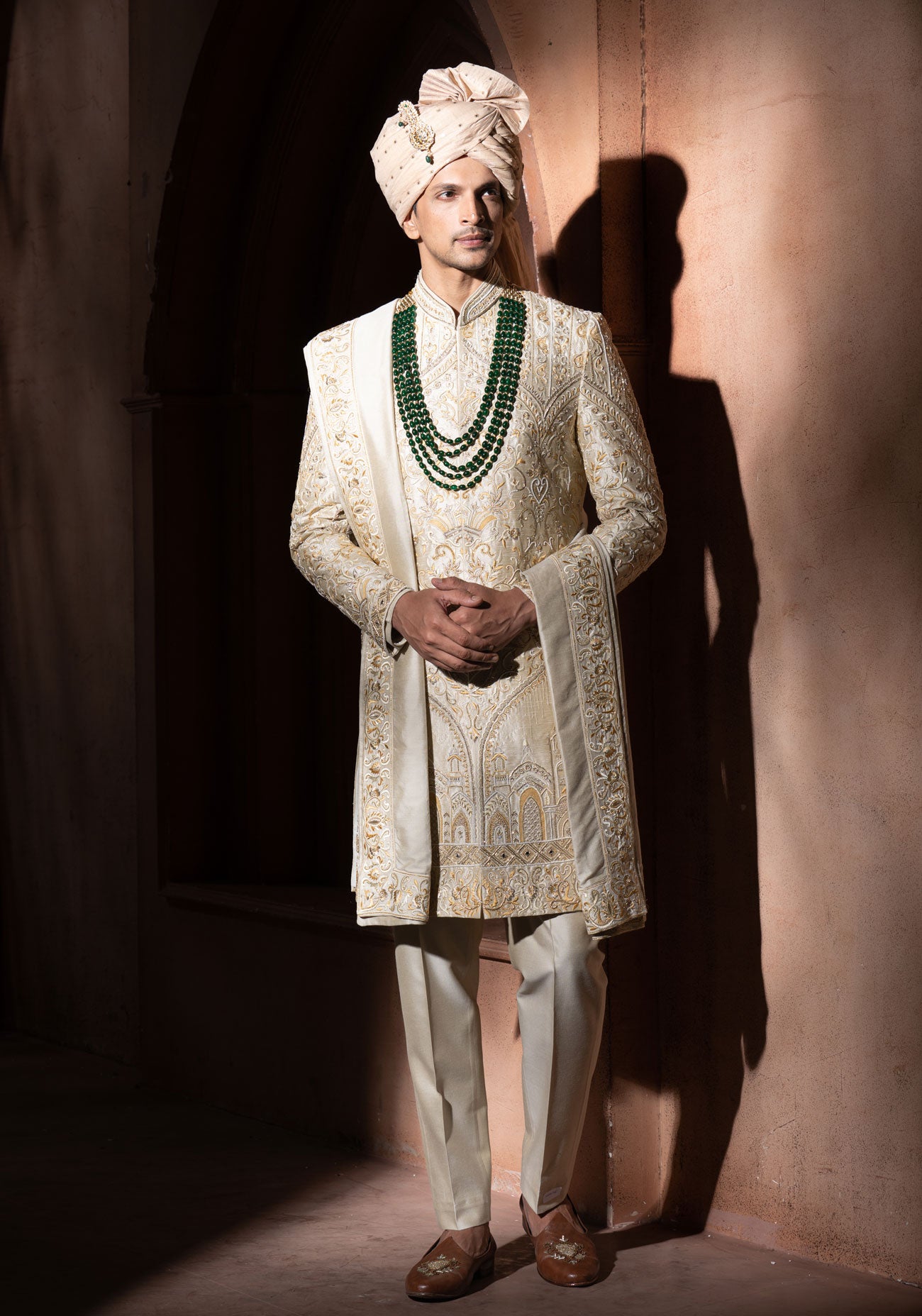 Cream & Gold Hand Embroidered Sherwani