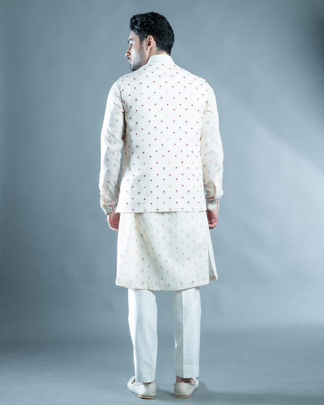 Cream Floral Printed Nehru Jacket Set