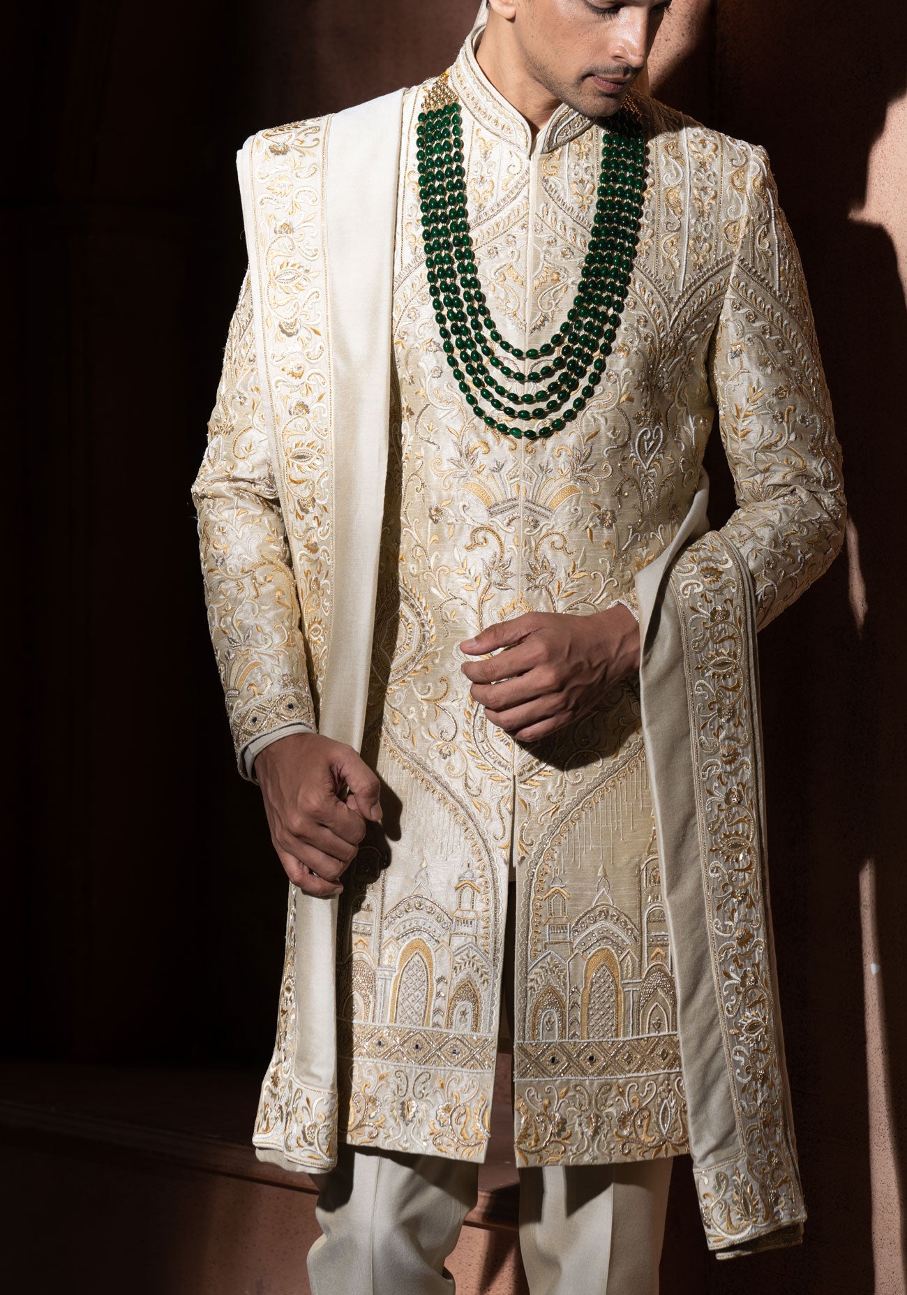 Cream & Gold Hand Embroidered Sherwani
