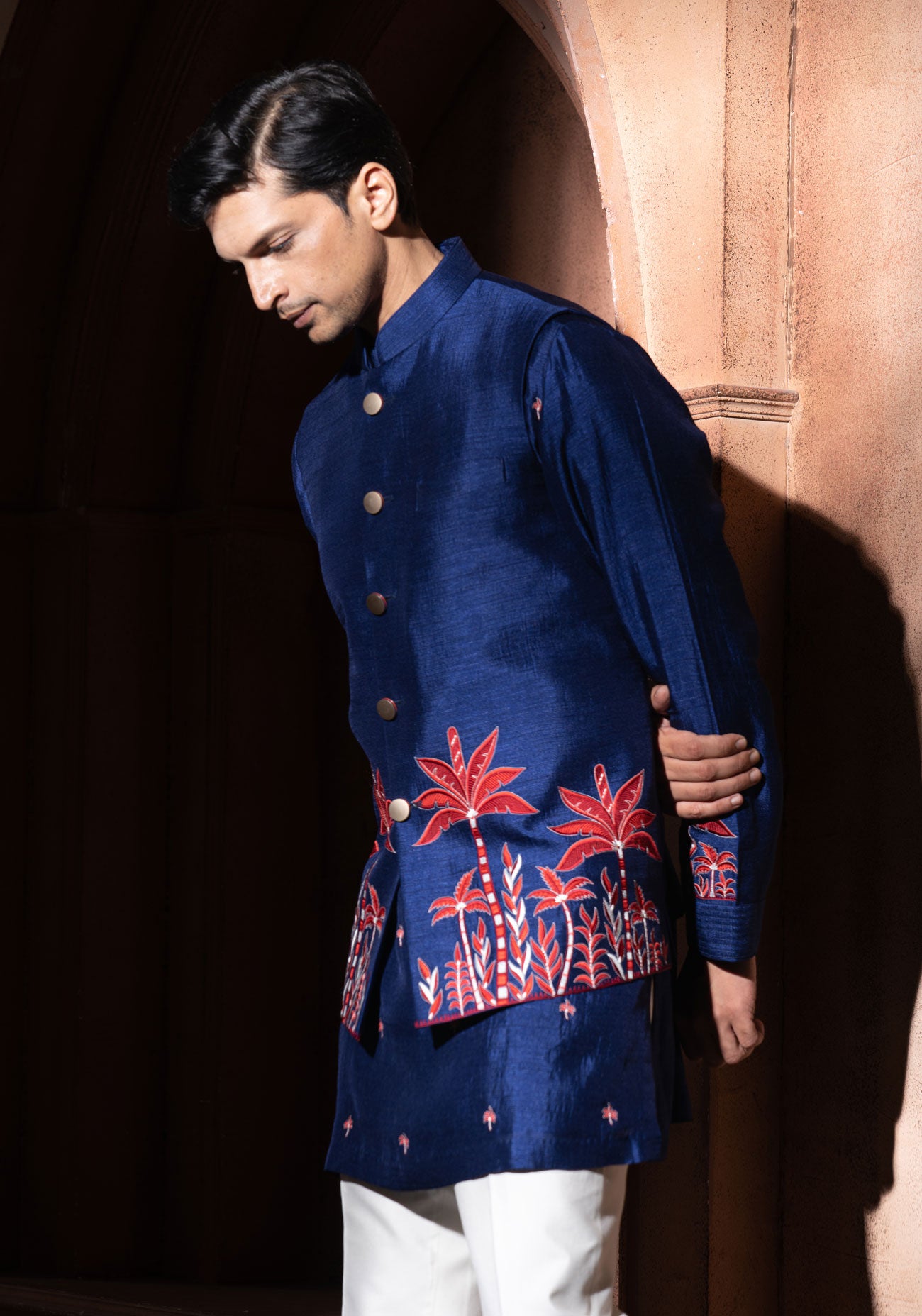 Blue & Red Embroidered Nehru Jacket Set