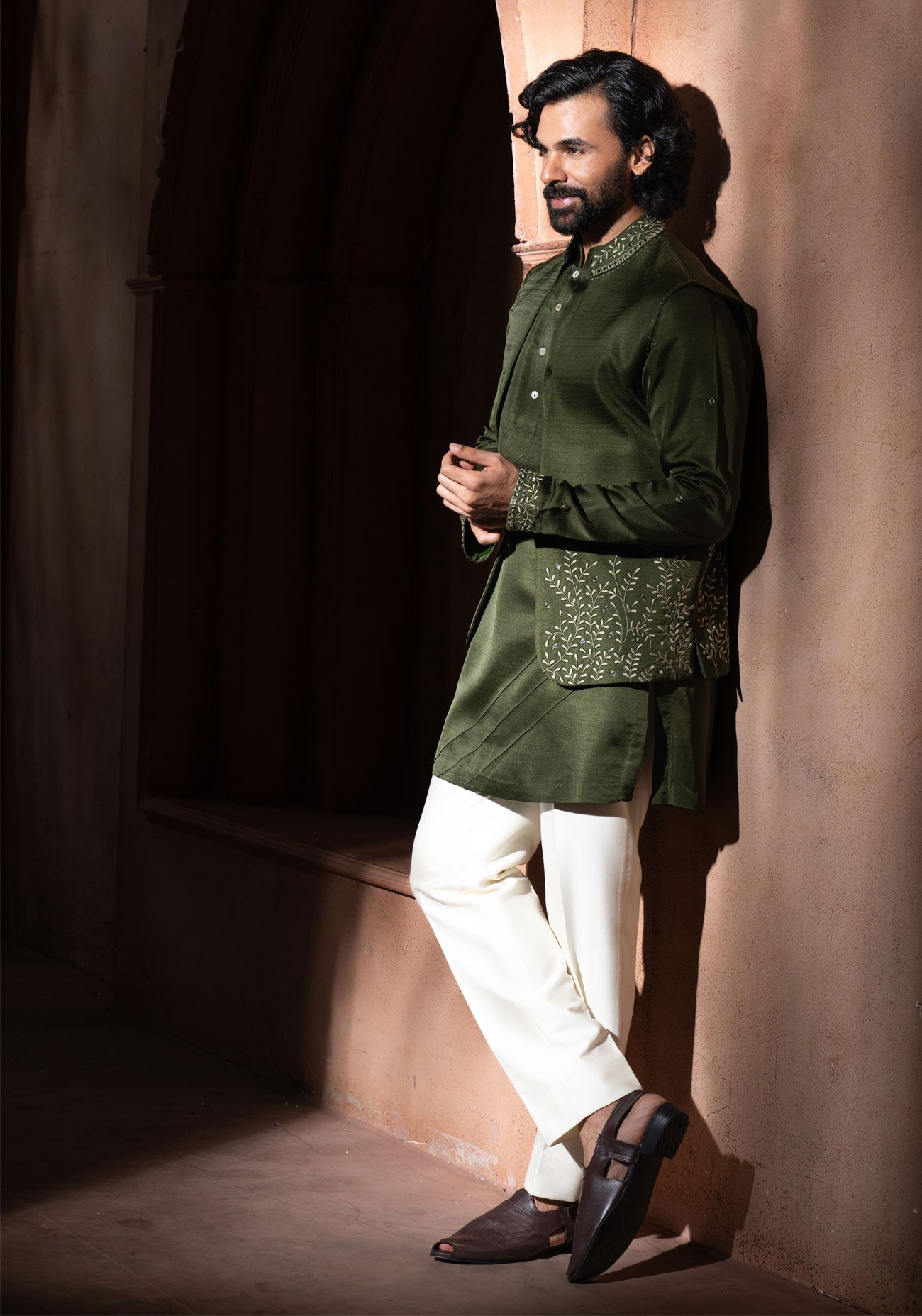 Olive Green Embroidered Nehru Jacket Set