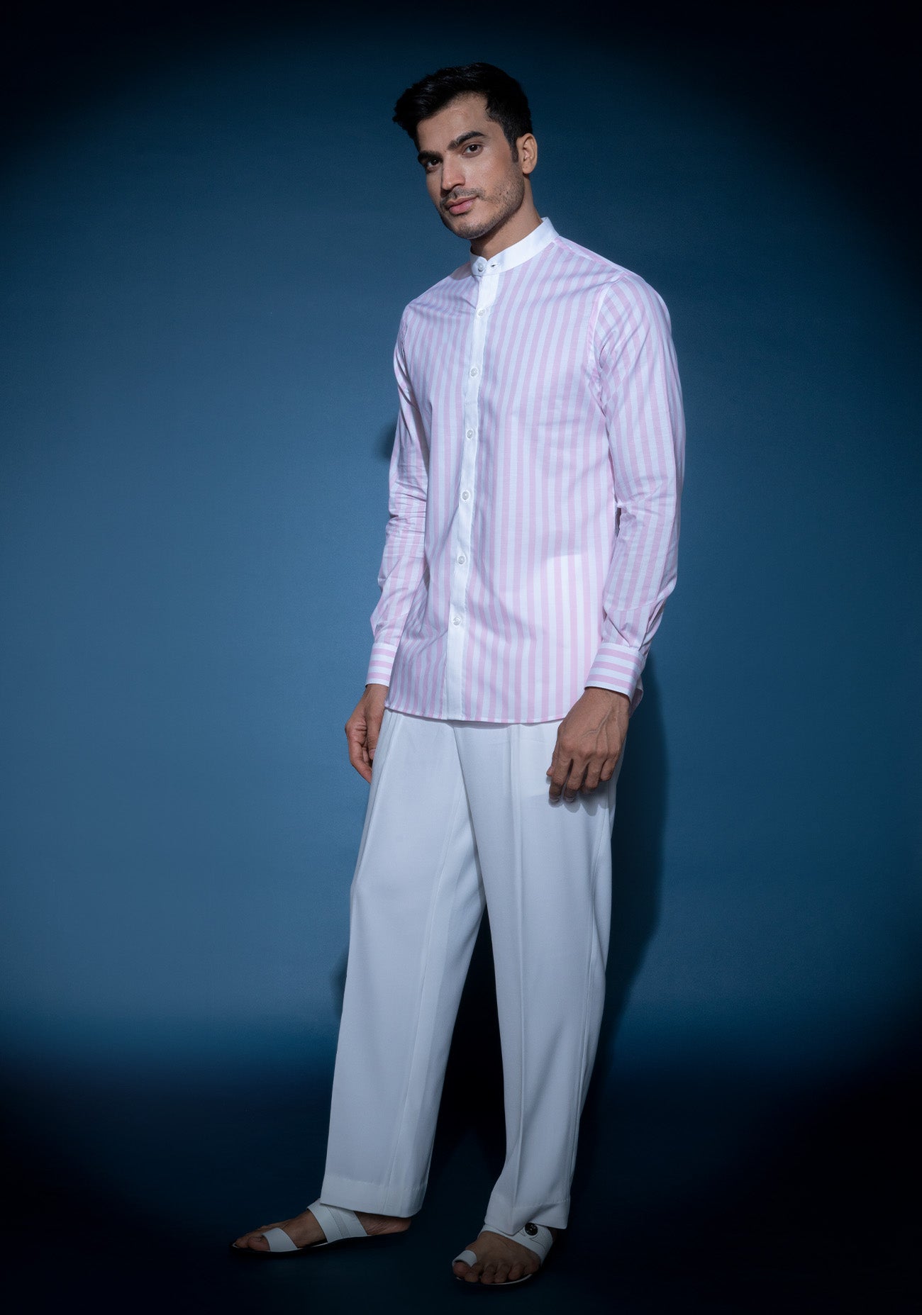 Pink & white striped mandarin collar shirt