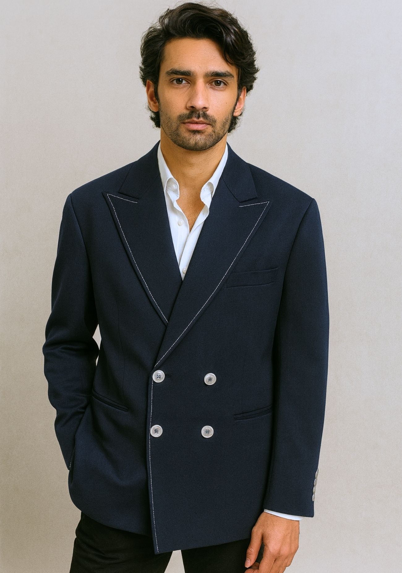 Navy Blue Double Breasted Jacket White Stitch Detail