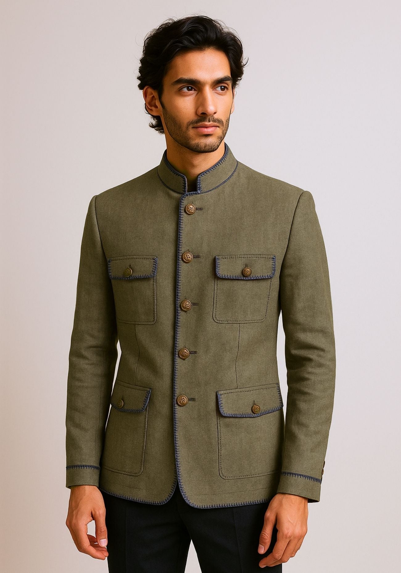 Olive bandhgala with flap pockets