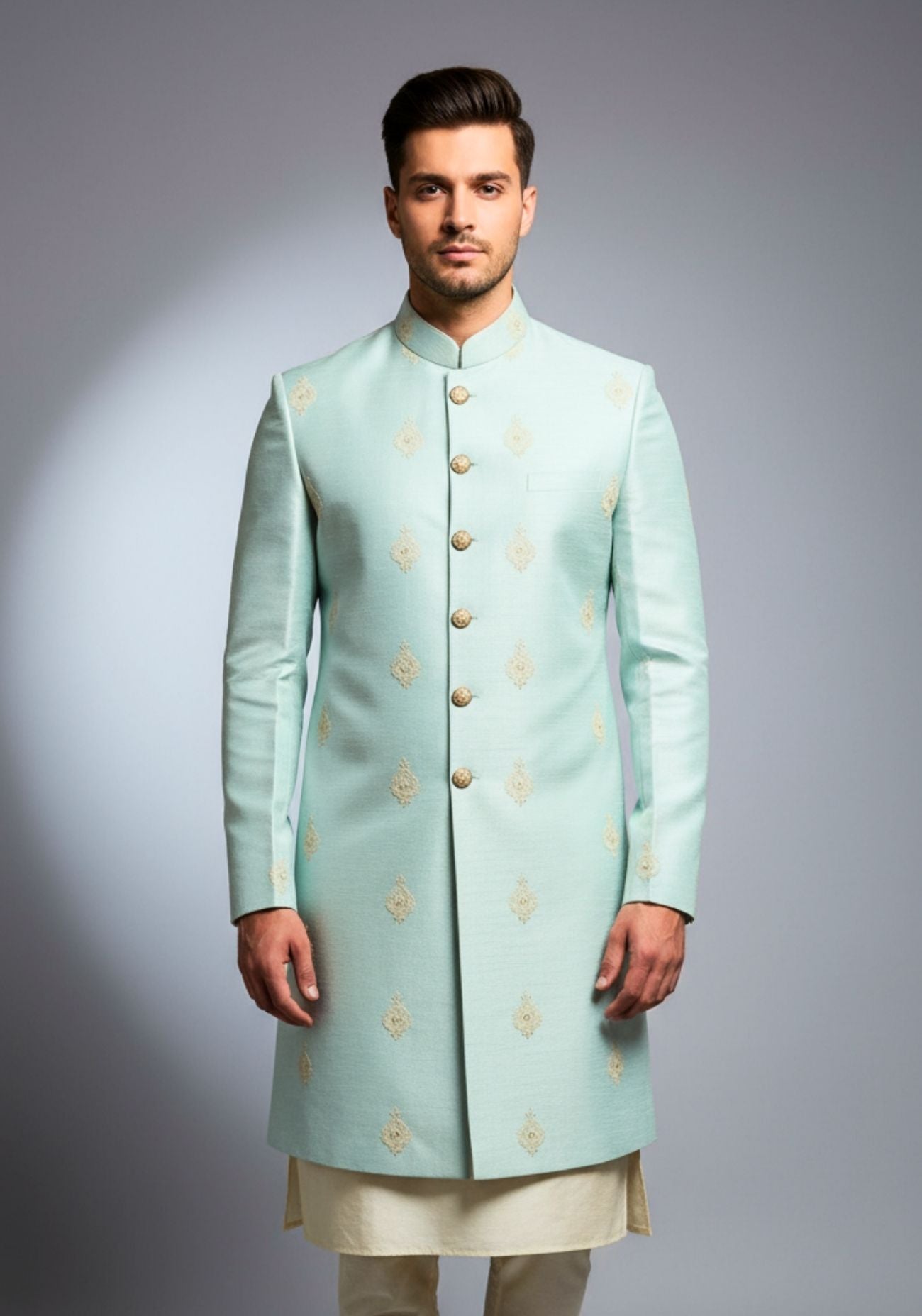 Powder blue embroidered motif sherwani