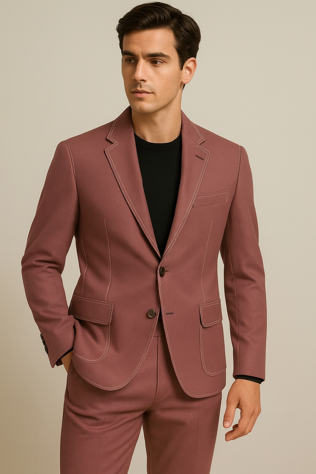Powder Pink Suit with White Rice Stitch