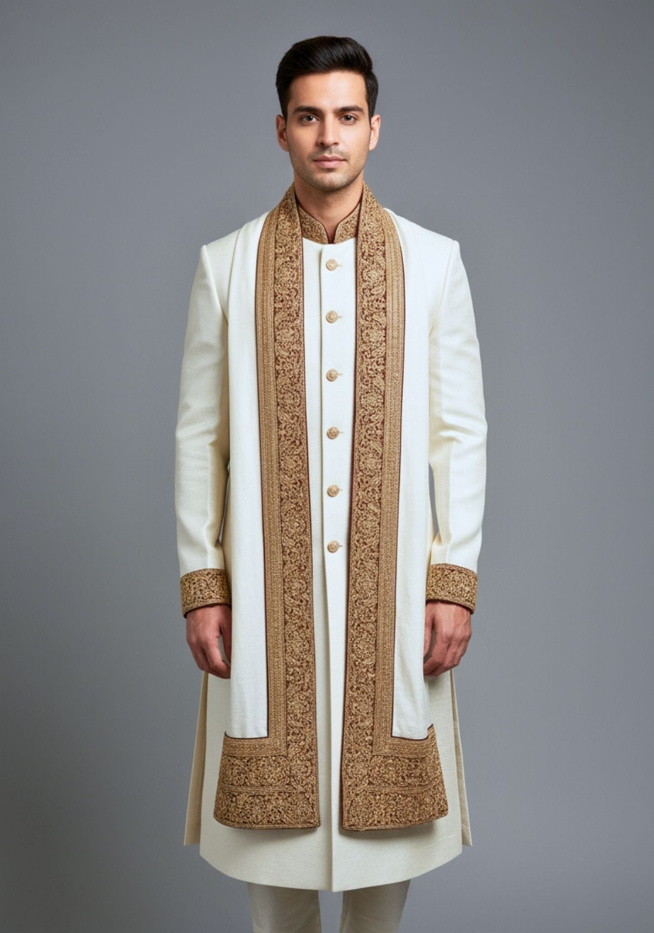 White embroidered sherwani Set