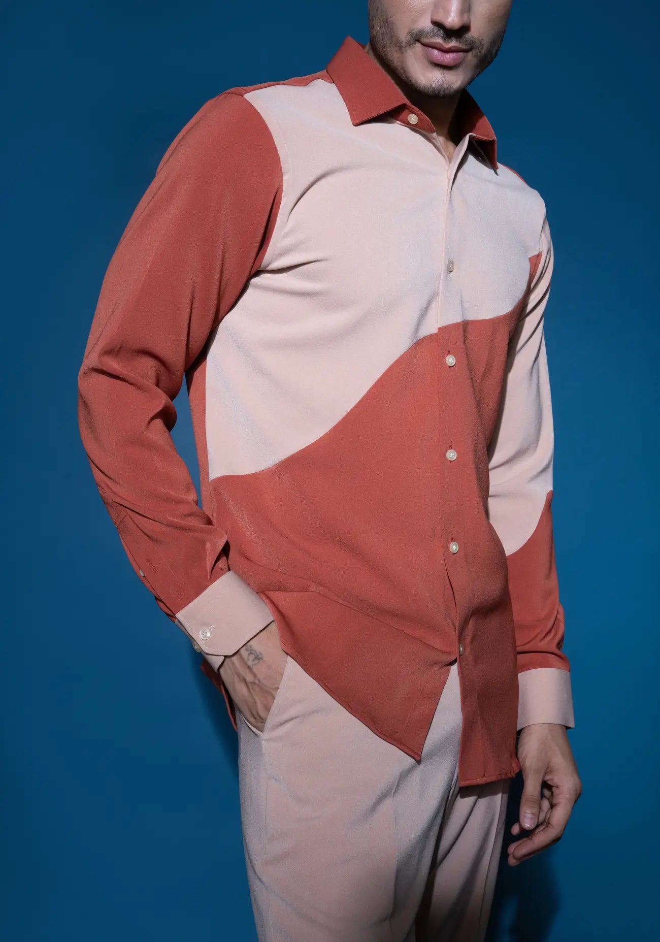 Burnt Orange & Taupe Color Block Shirt