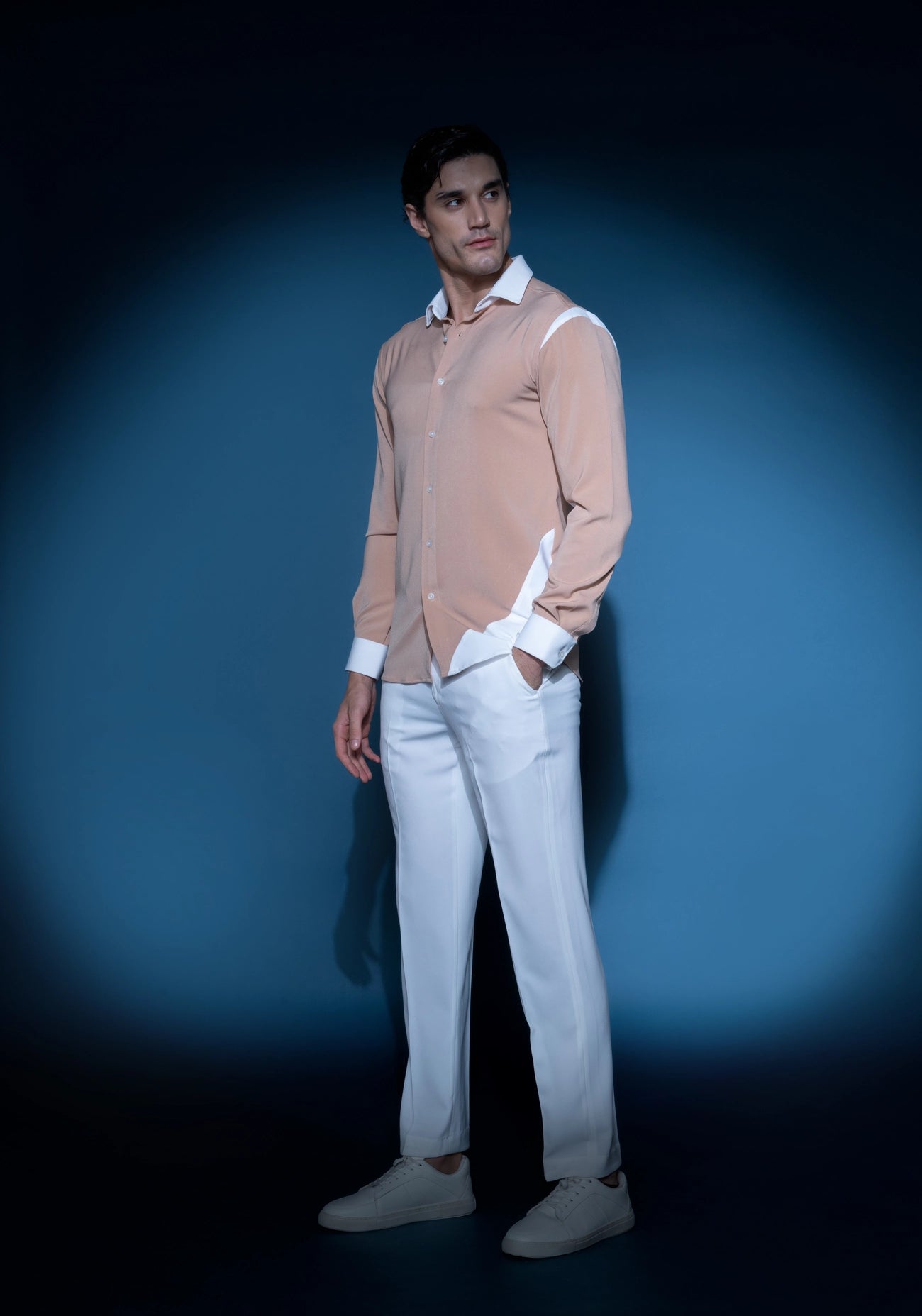 Taupe & white crepe shirt