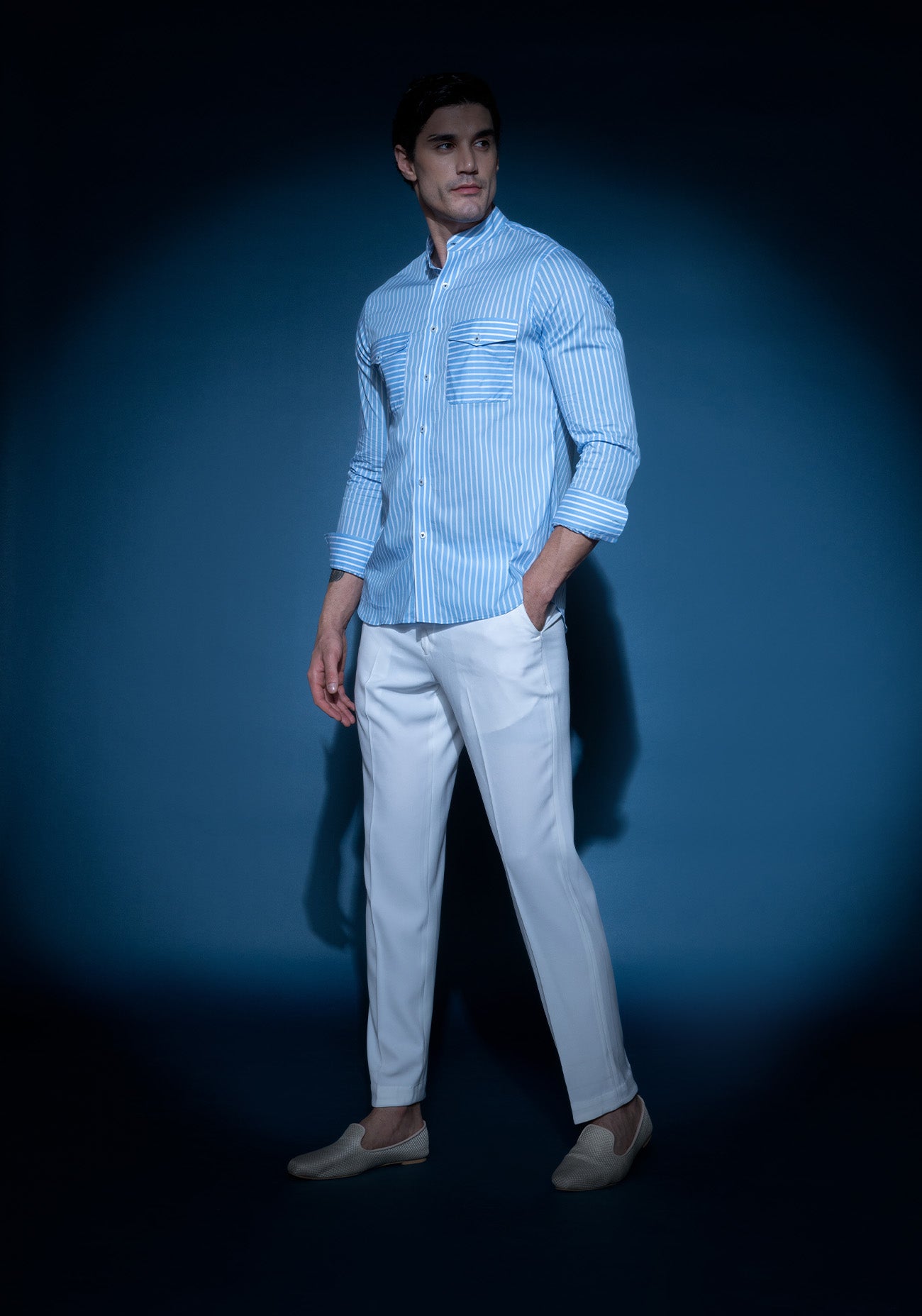 Blue & white striped mandarin collar shirt