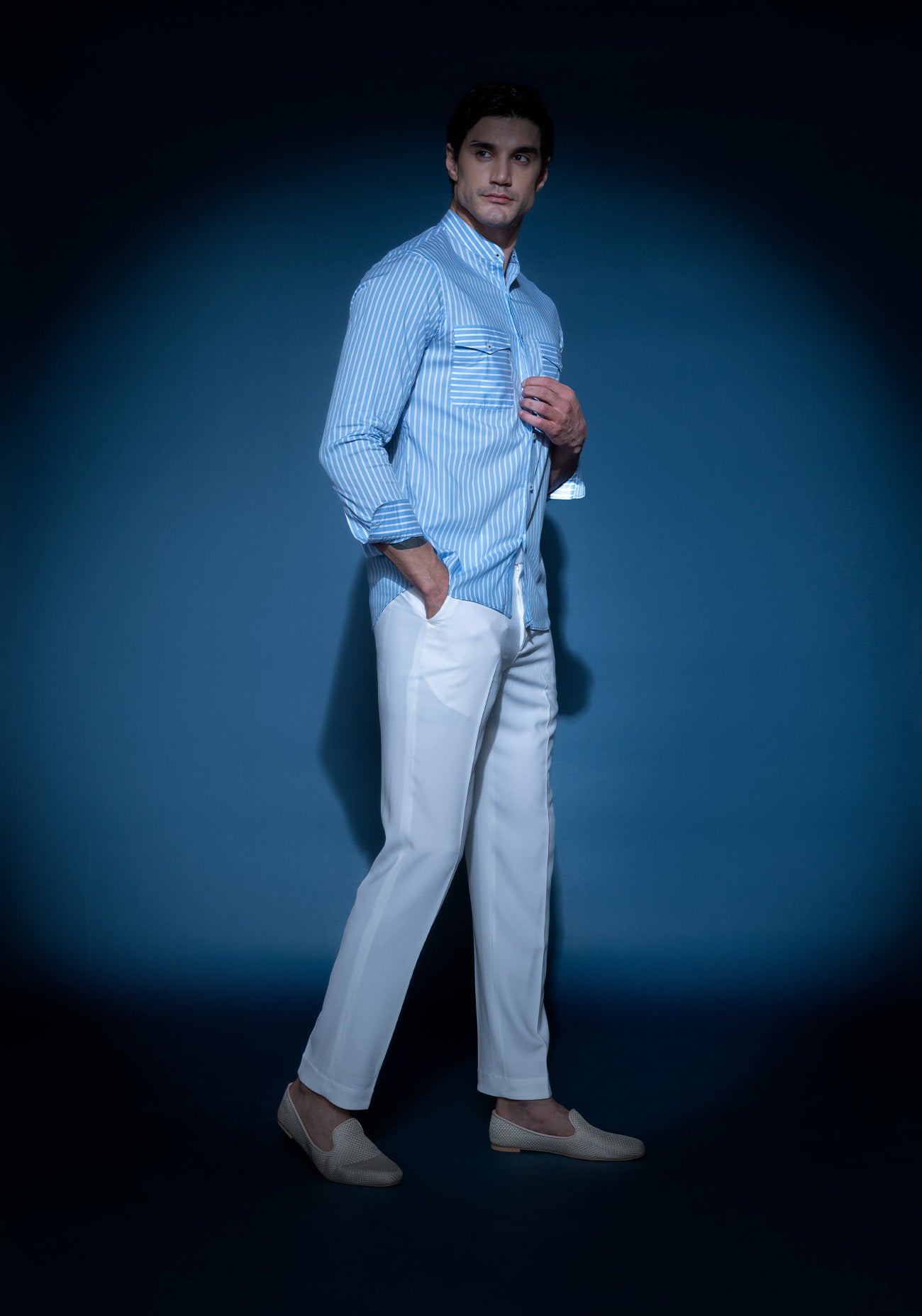 Blue & white striped mandarin collar shirt