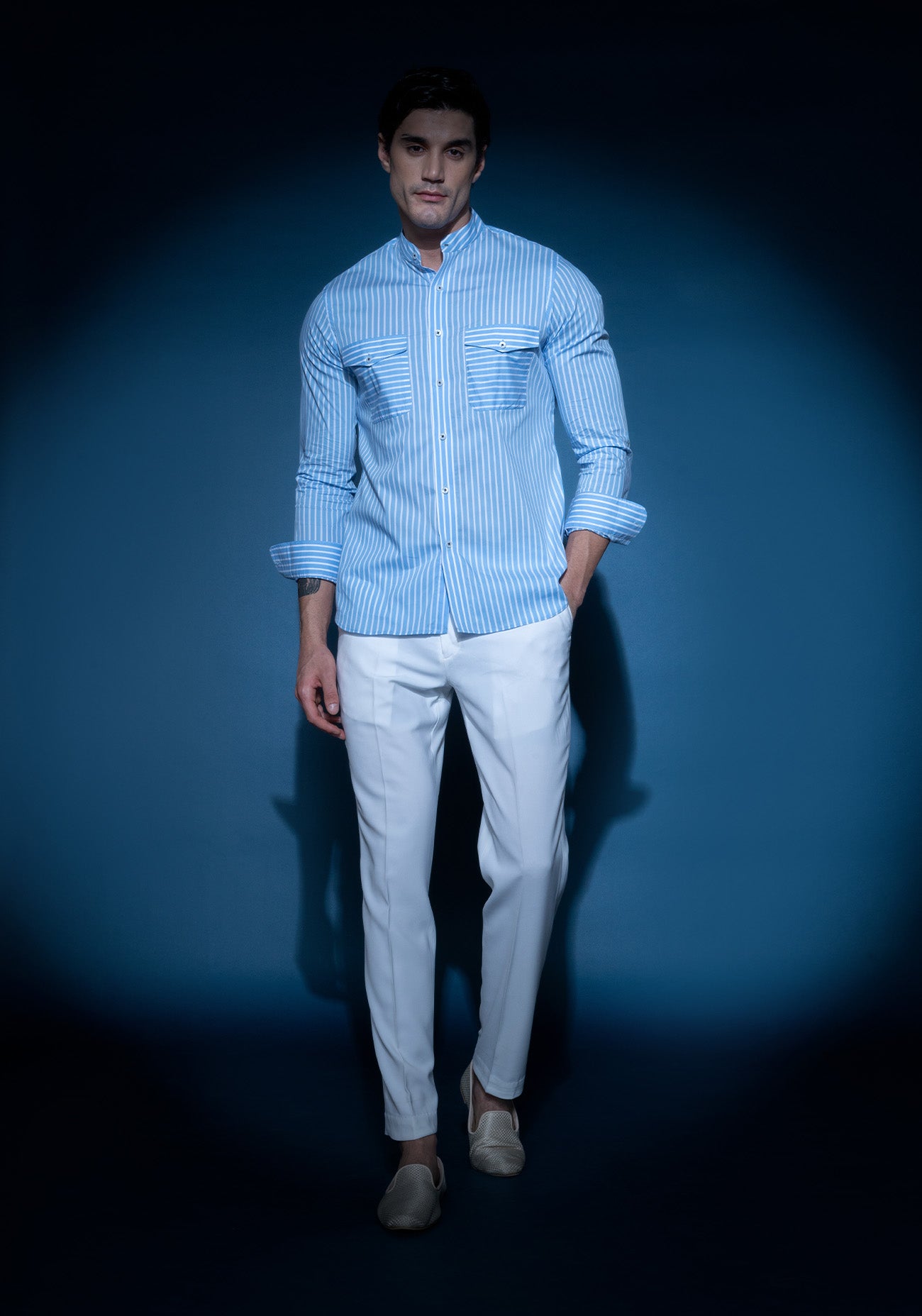 Blue & white striped mandarin collar shirt