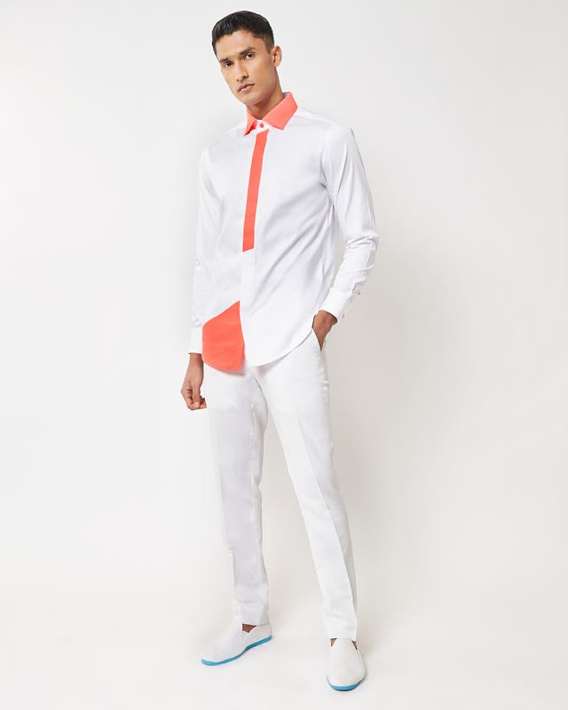White & Fluorescent Pink Color-Block Shirt