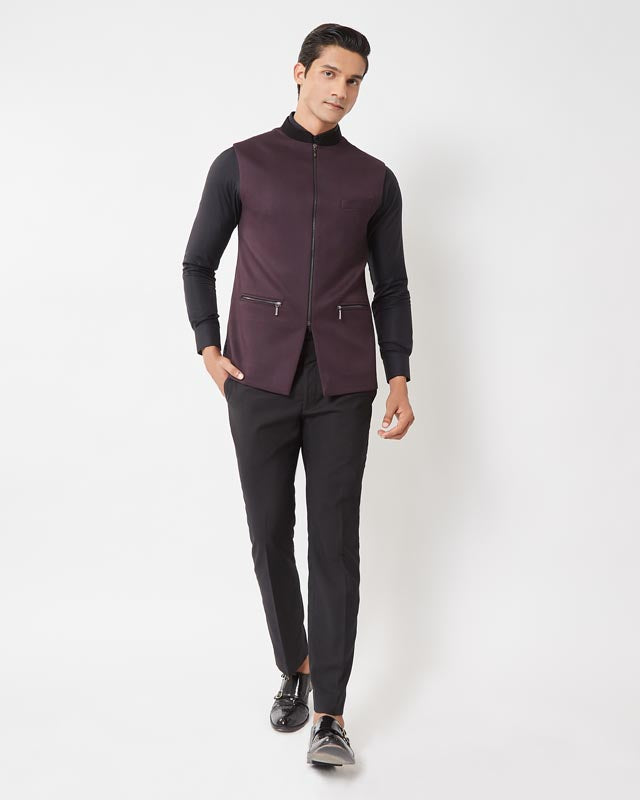 Dark Burgundy Zipper Nehru Jacket