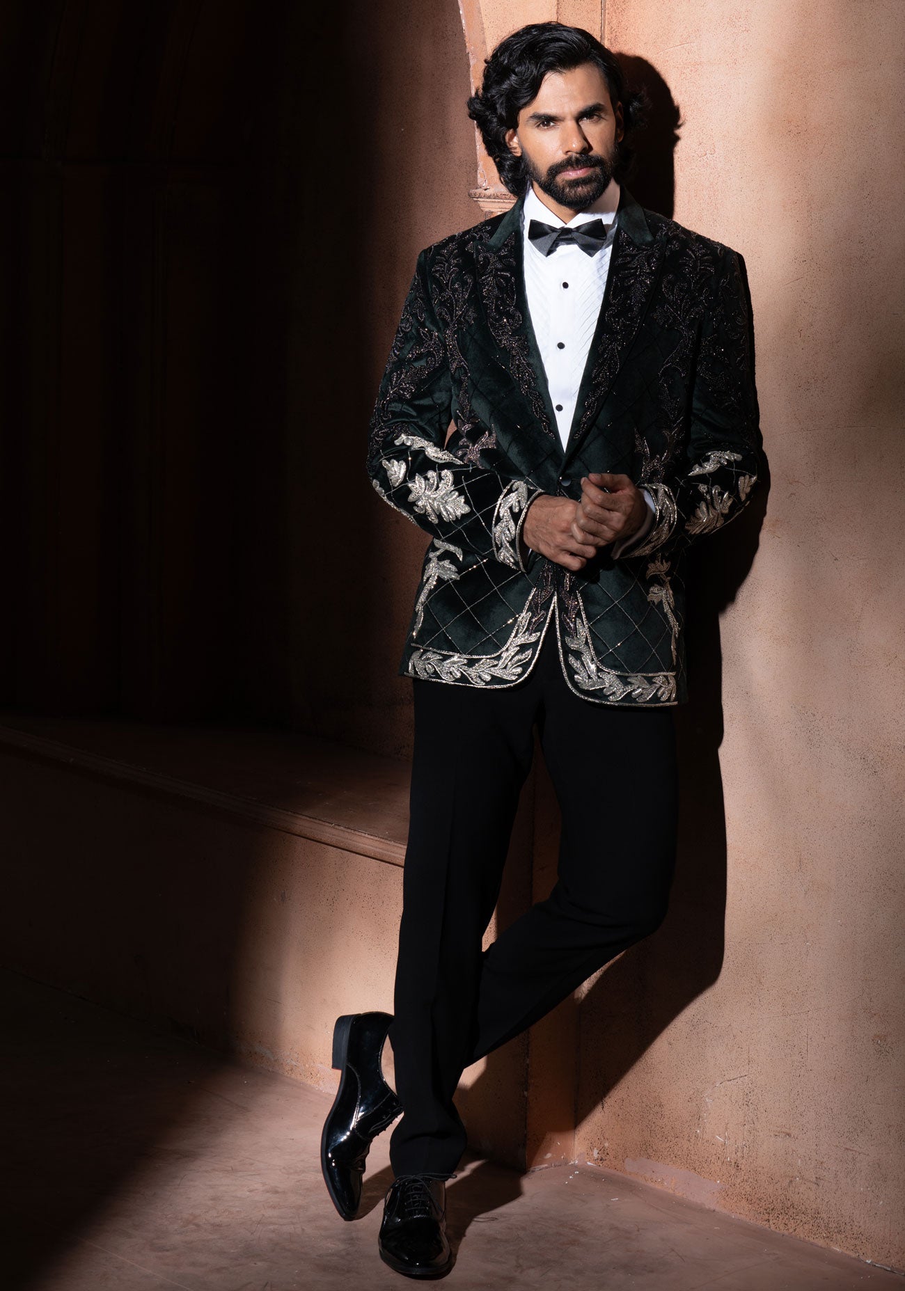 Bottle Green Velvet Embroidered Tuxedo
