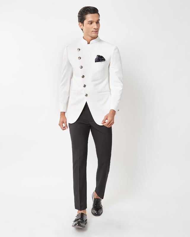 White asymmetrical Patterned Bandhgala