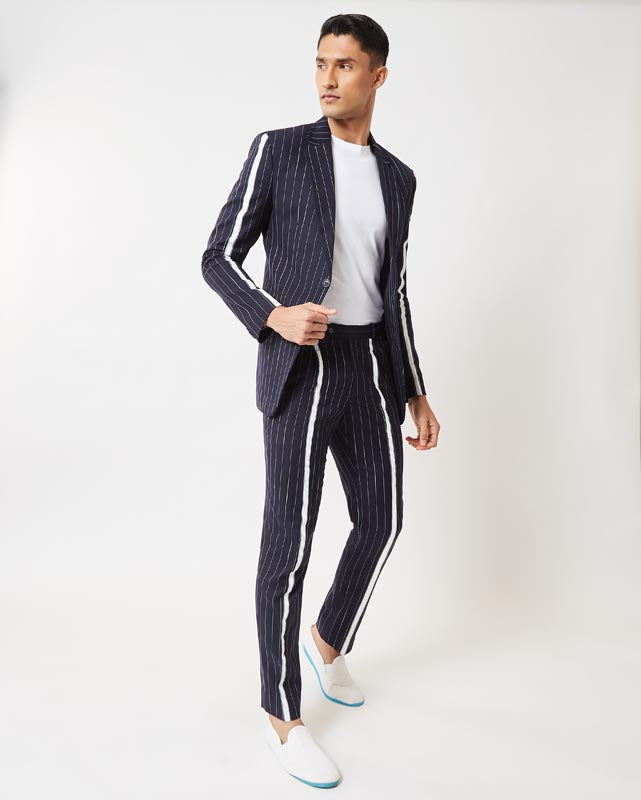 Navy Blue Hand Painted Striped Suit