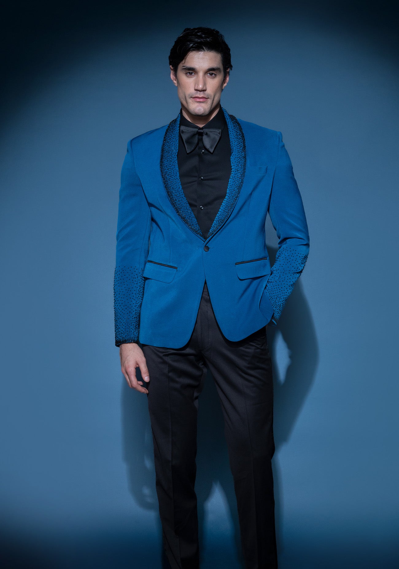 Cobalt blue sequin embroidered tuxedo