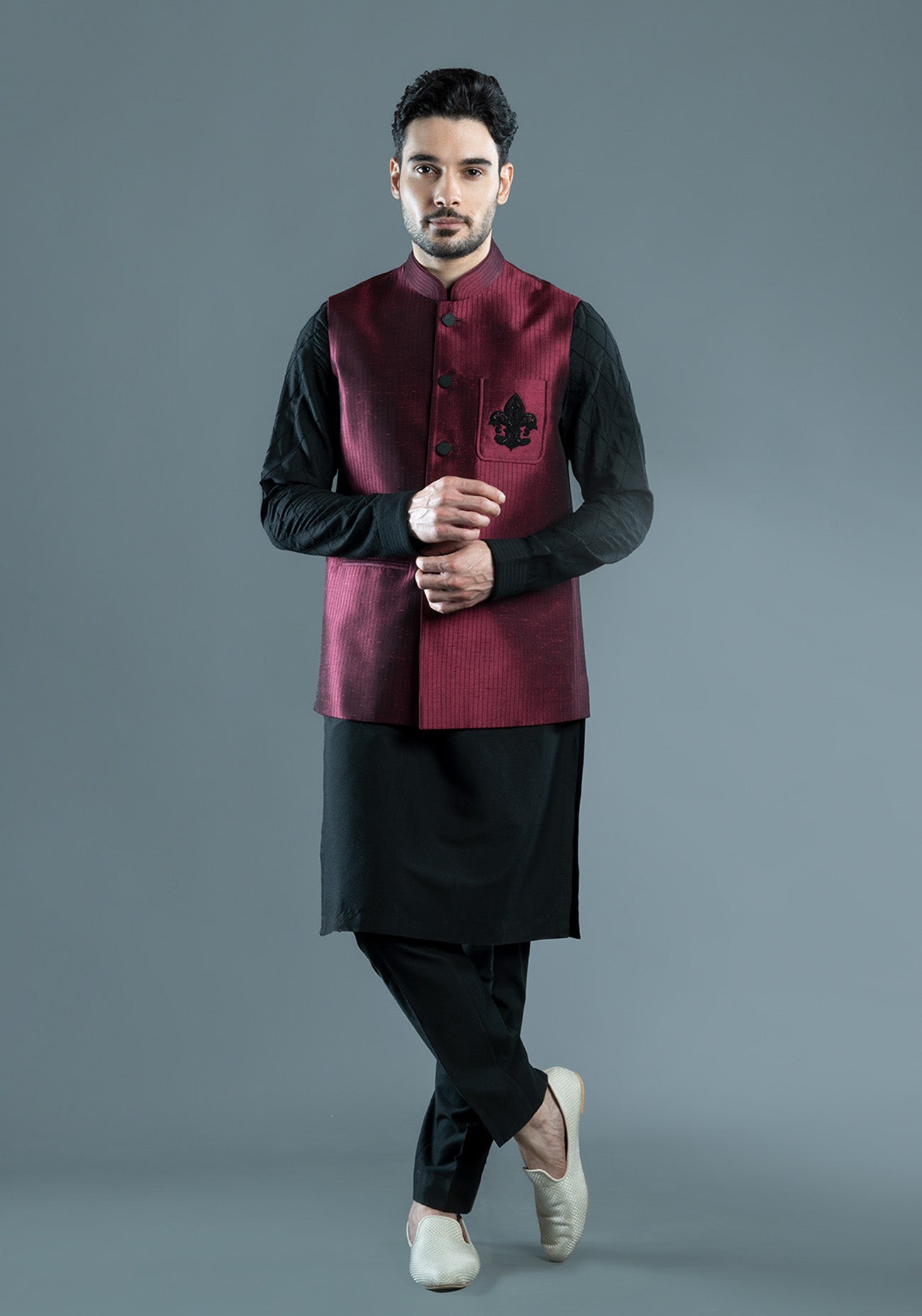 Maroon Embroidered Nehru Jacket Set