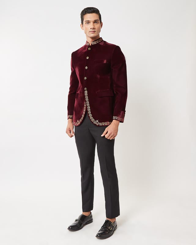 Maroon Velvet Gold Zari Embroidered Bandhgala