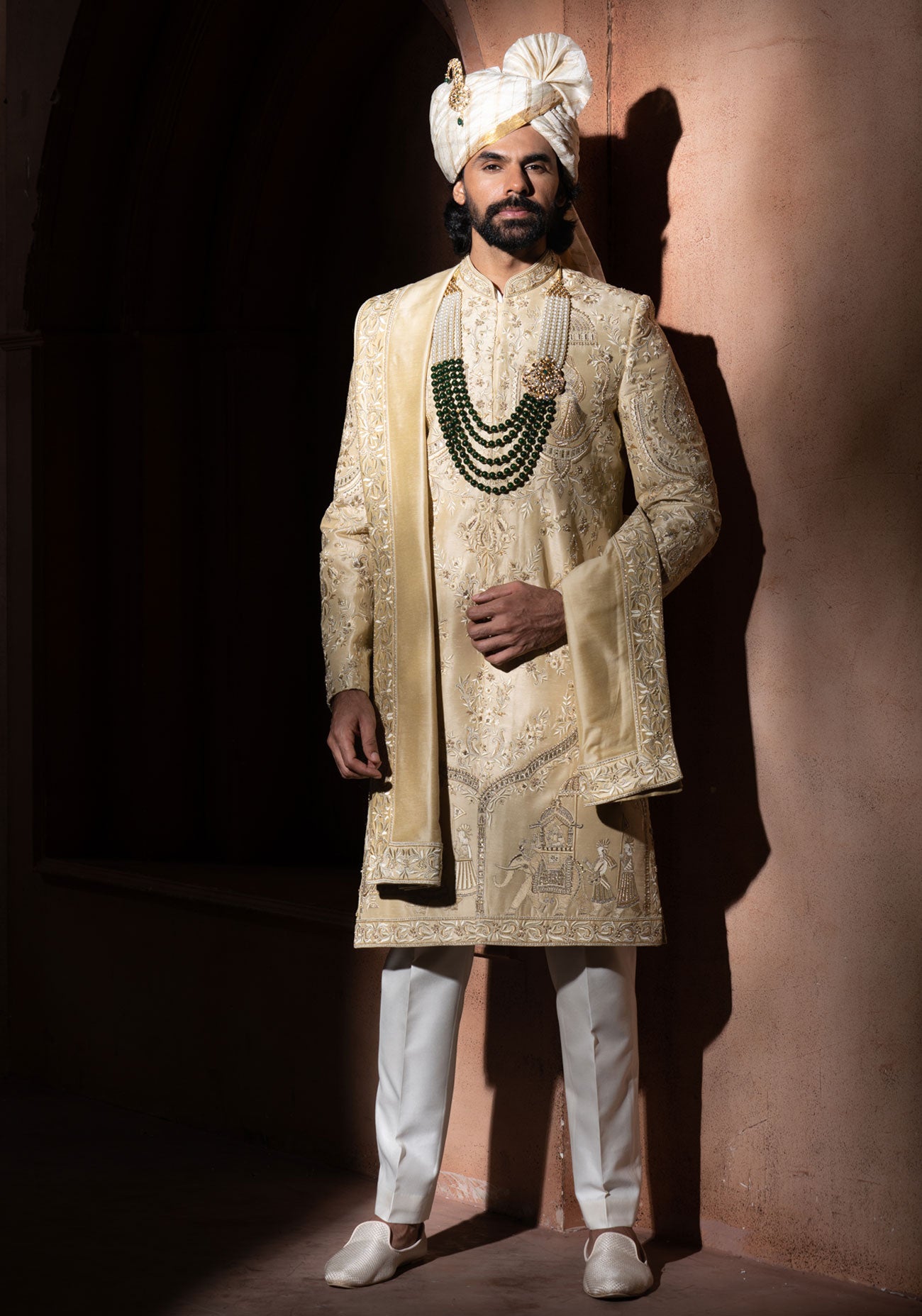 Cream Hand Embroidered Sherwani