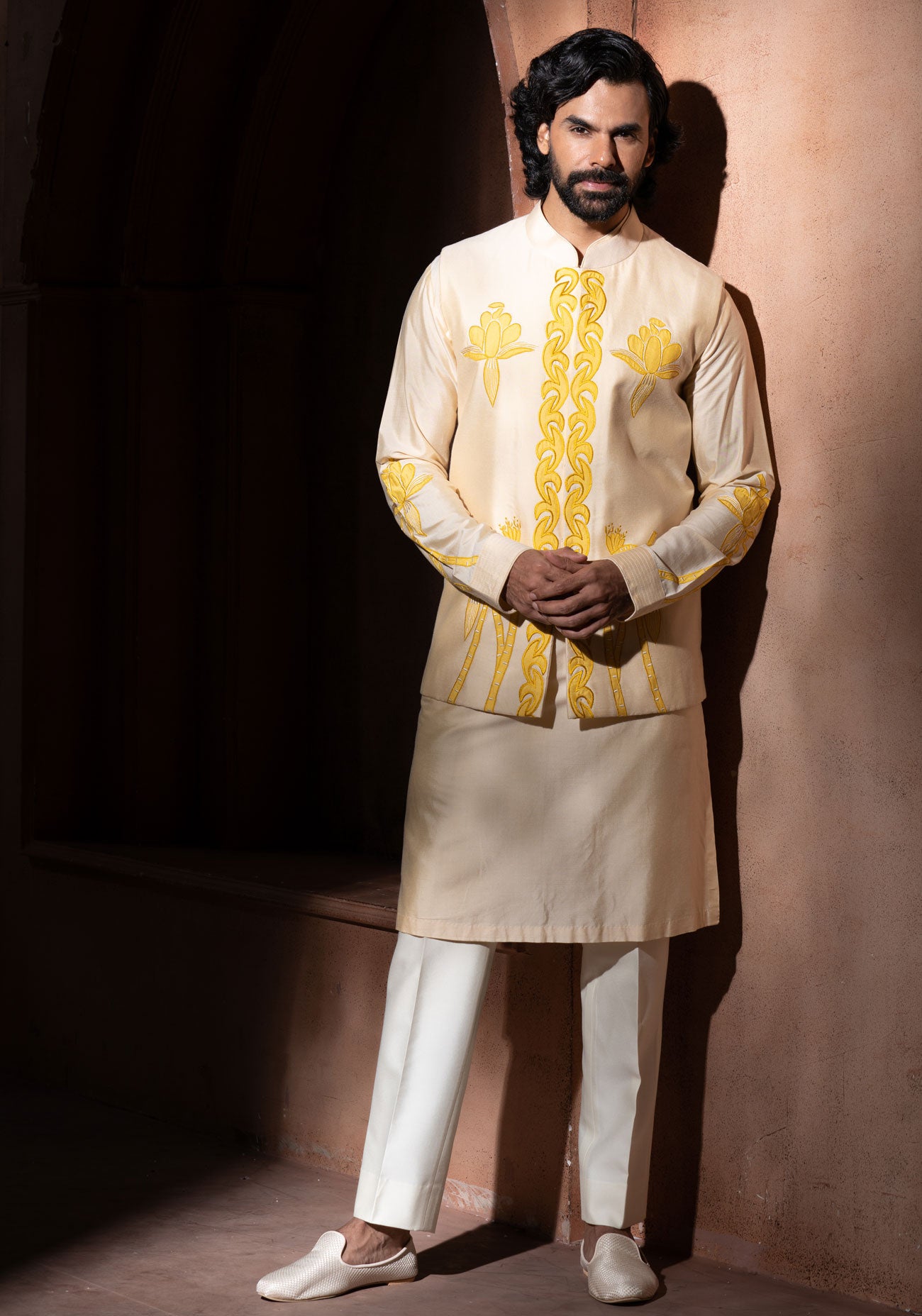 Beige & Yellow Embroidered Nehru Jacket Set