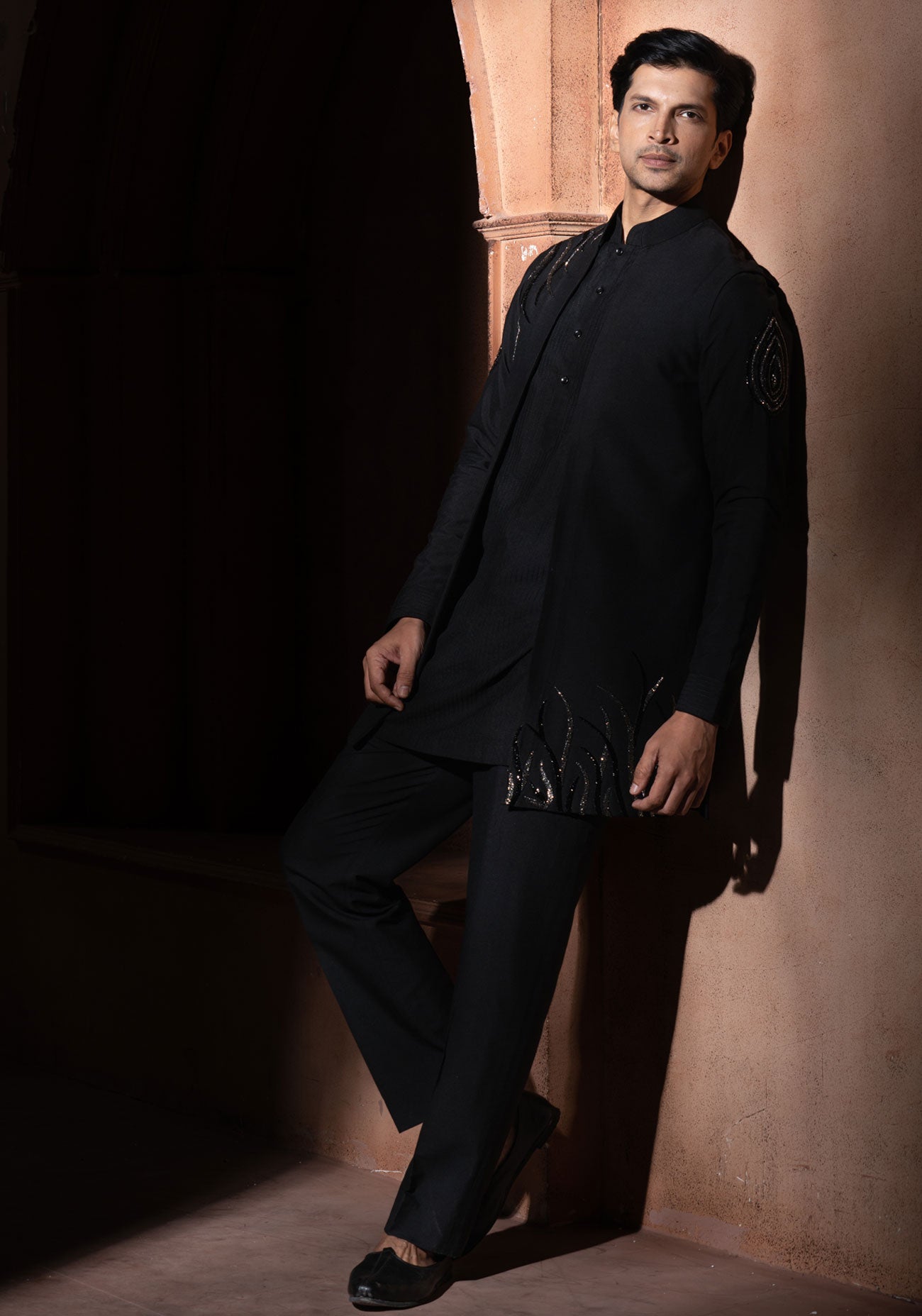 Black Nehru Jacket With Silver Embroidery Set
