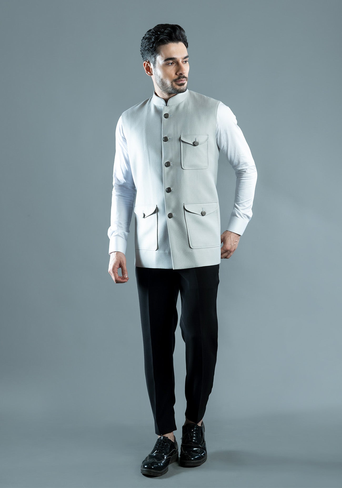 Grey Textured Nehru Jacket With Patch Pockets
