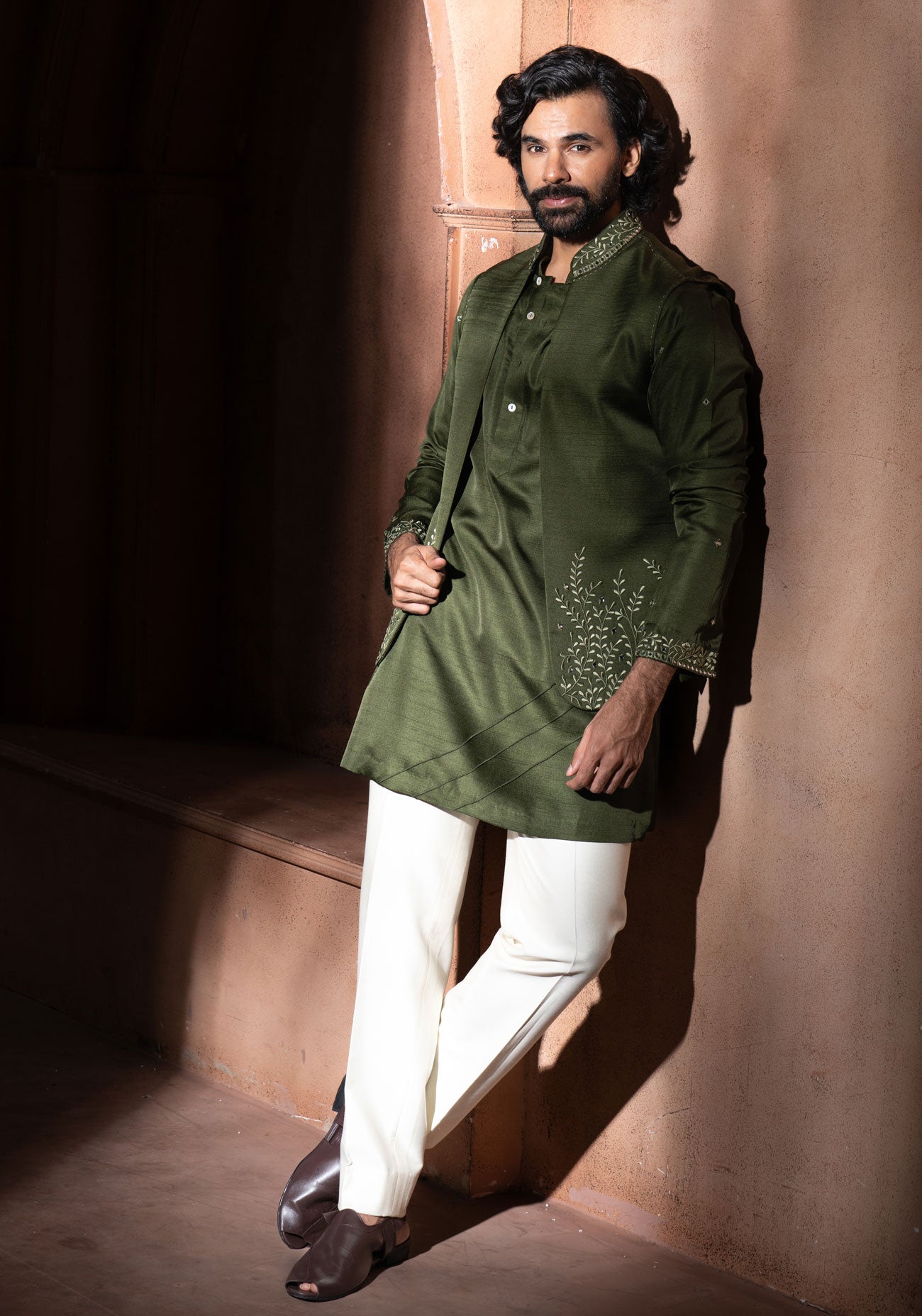 Olive Green Embroidered Nehru Jacket Set
