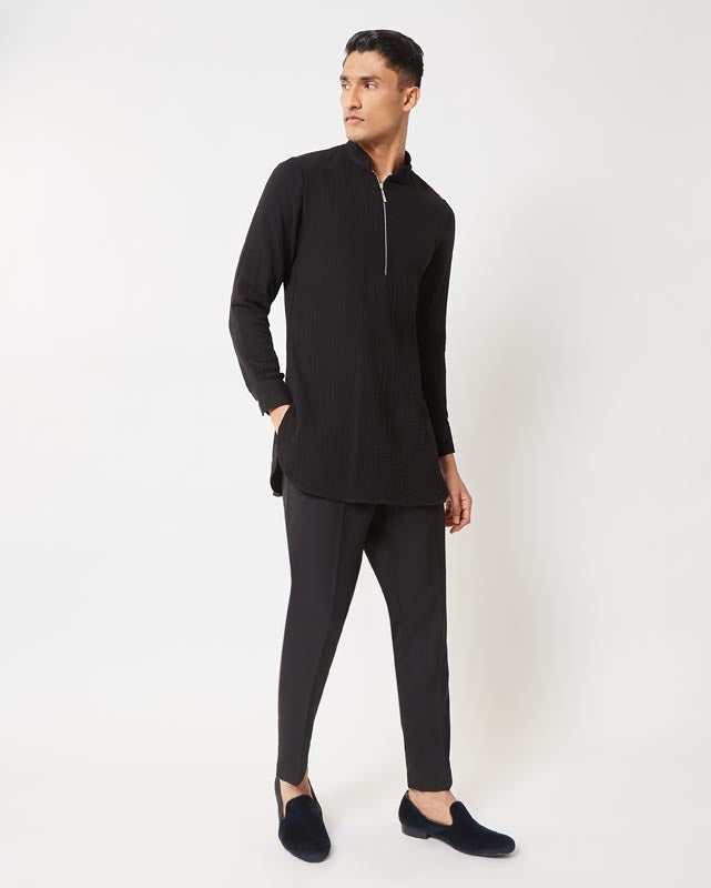 Black Textured Kurta with Zipper