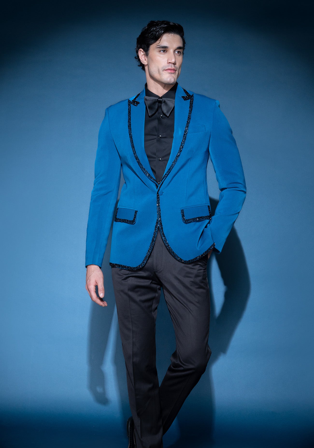 Cobalt blue & black embroidered tuxedo